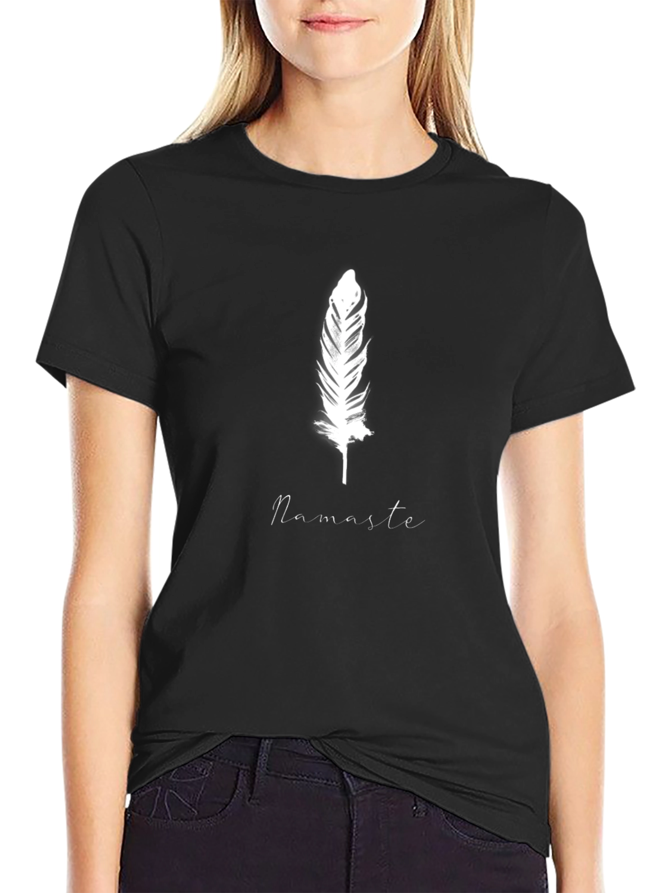 Feather Namaste Graphic Black T-Shirt