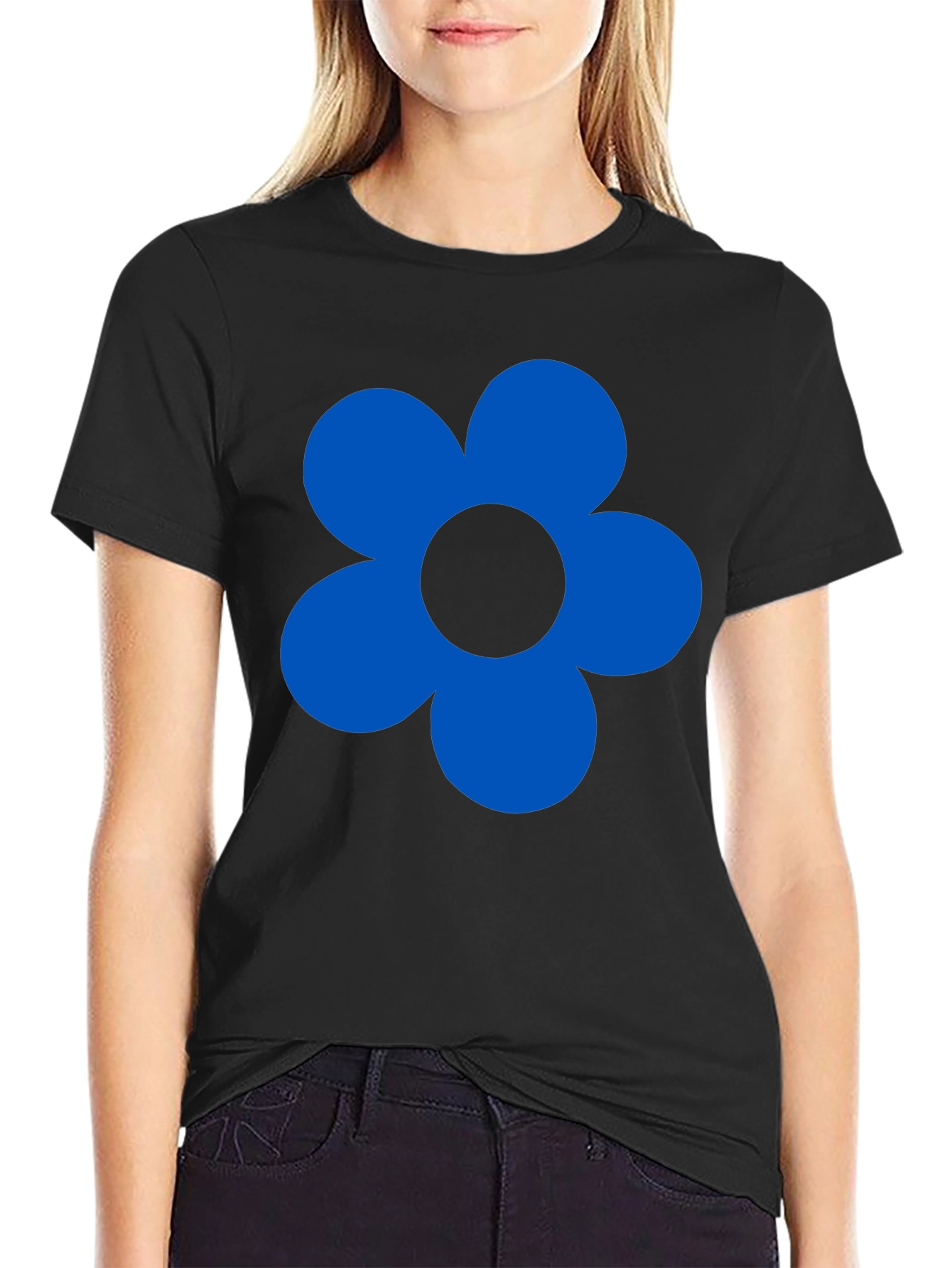 Blue Flower Graphic Black T-Shirt