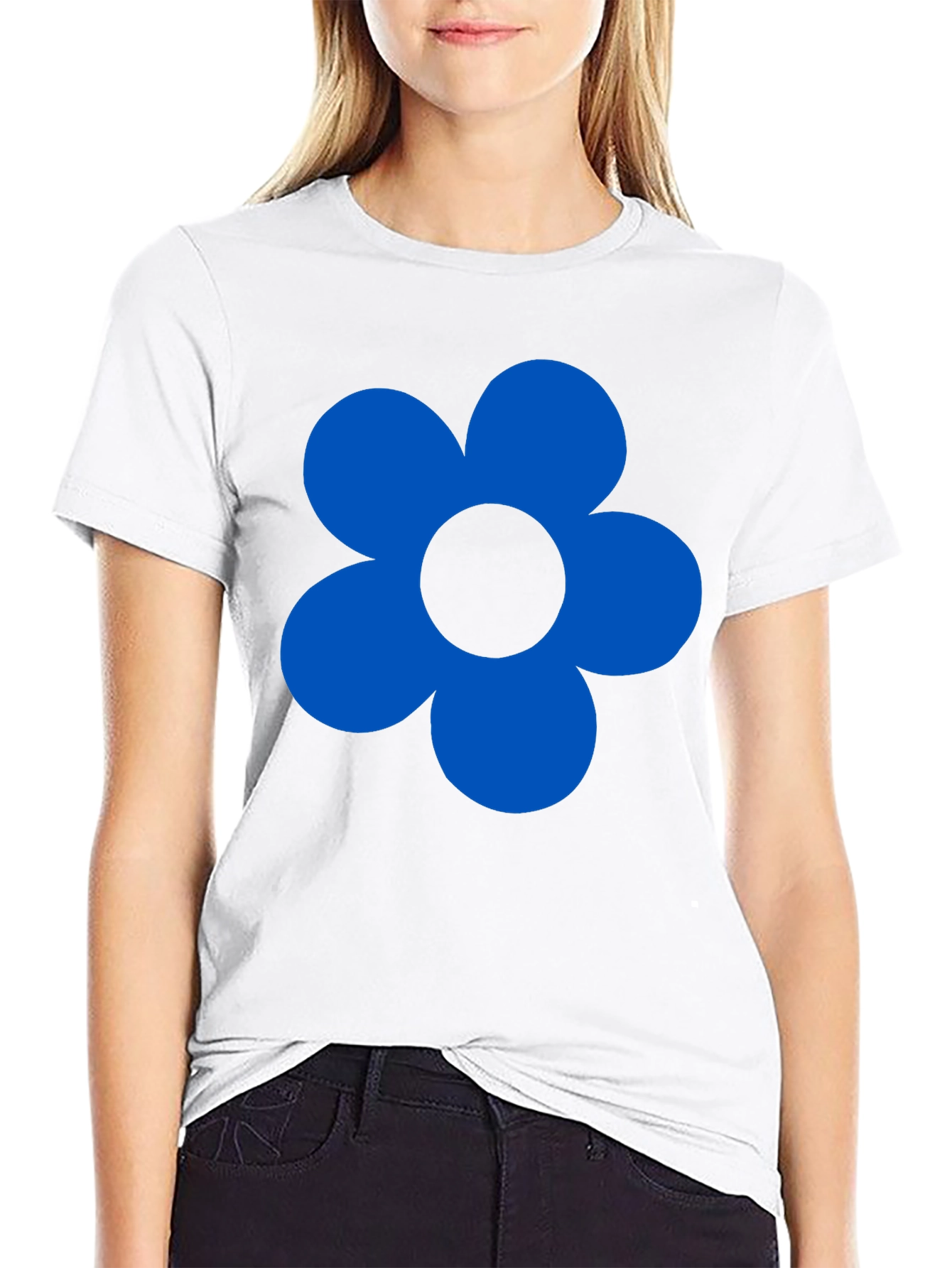Blue Flower Graphic Black T-Shirt