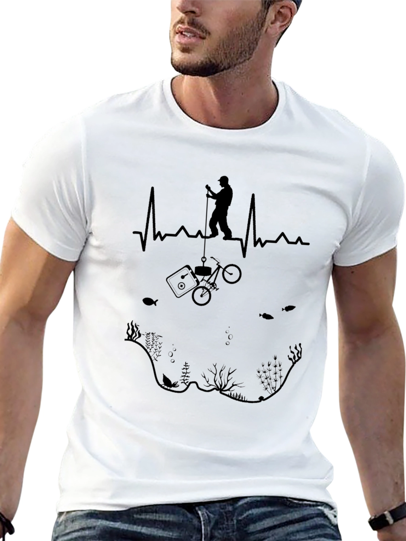 Fishing Heartbeat Black T-Shirt