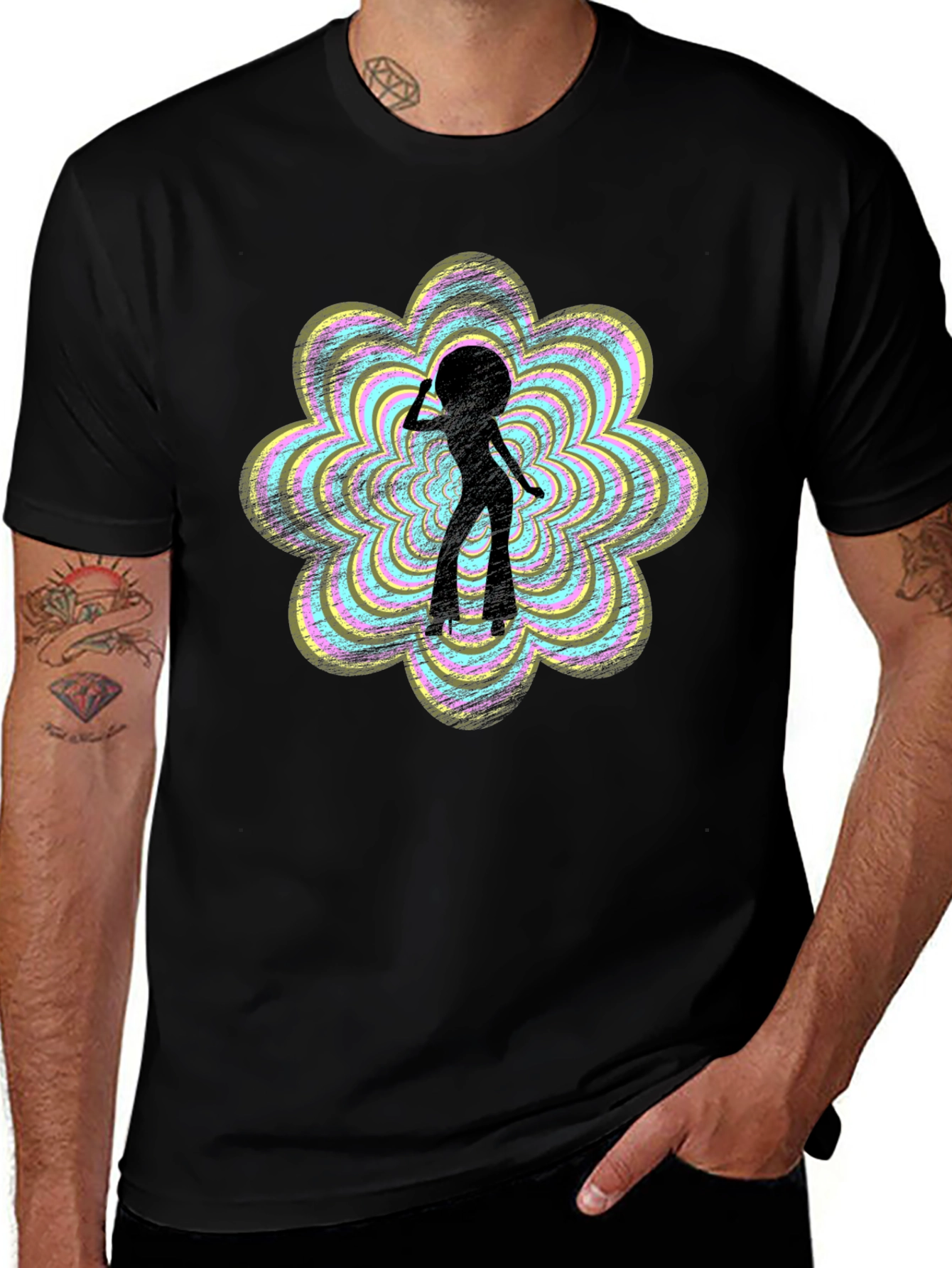 Retro Disco Girl Graphic Tee - Black Cotton T-Shirt