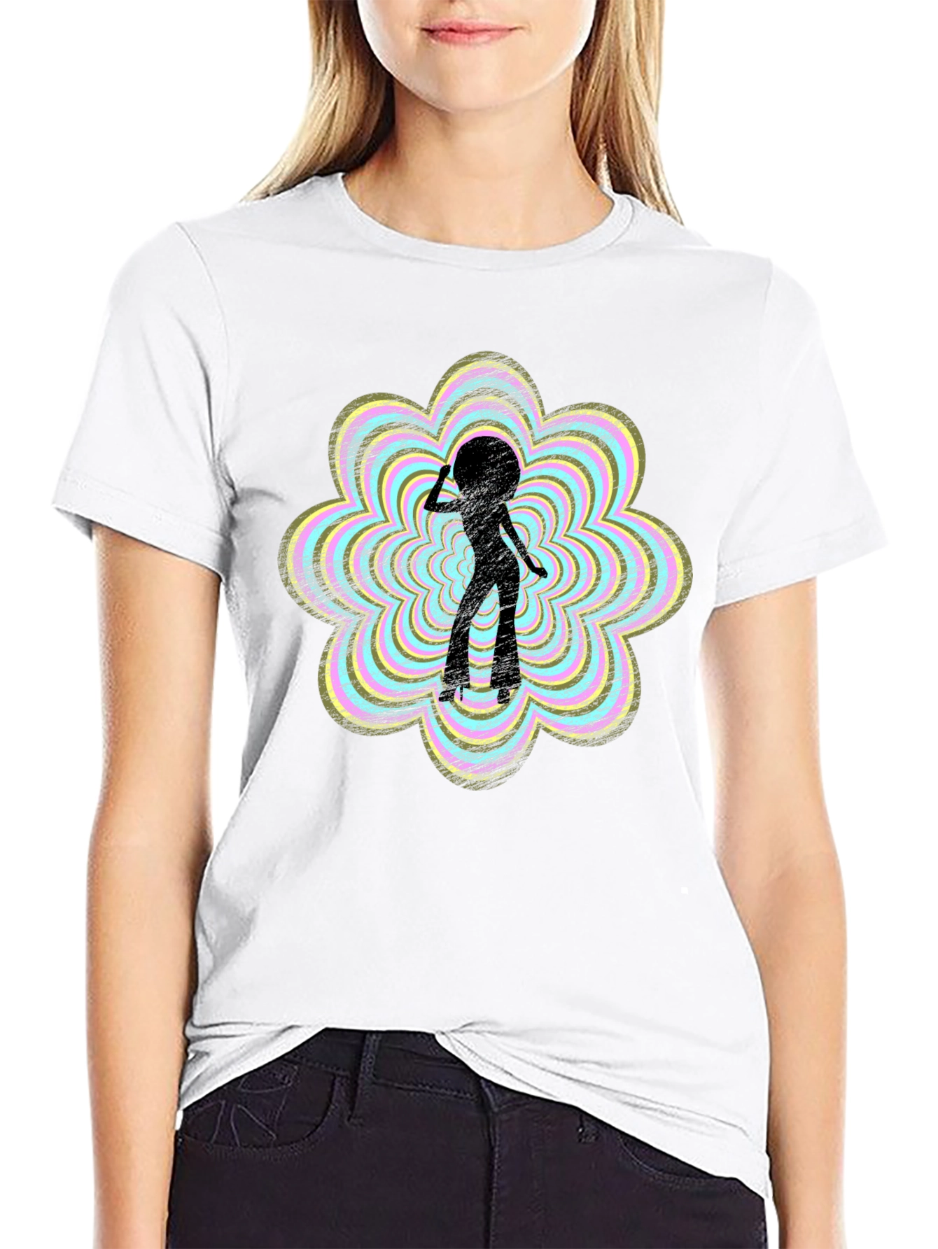 Retro Disco Girl Graphic Tee - Black Cotton T-Shirt