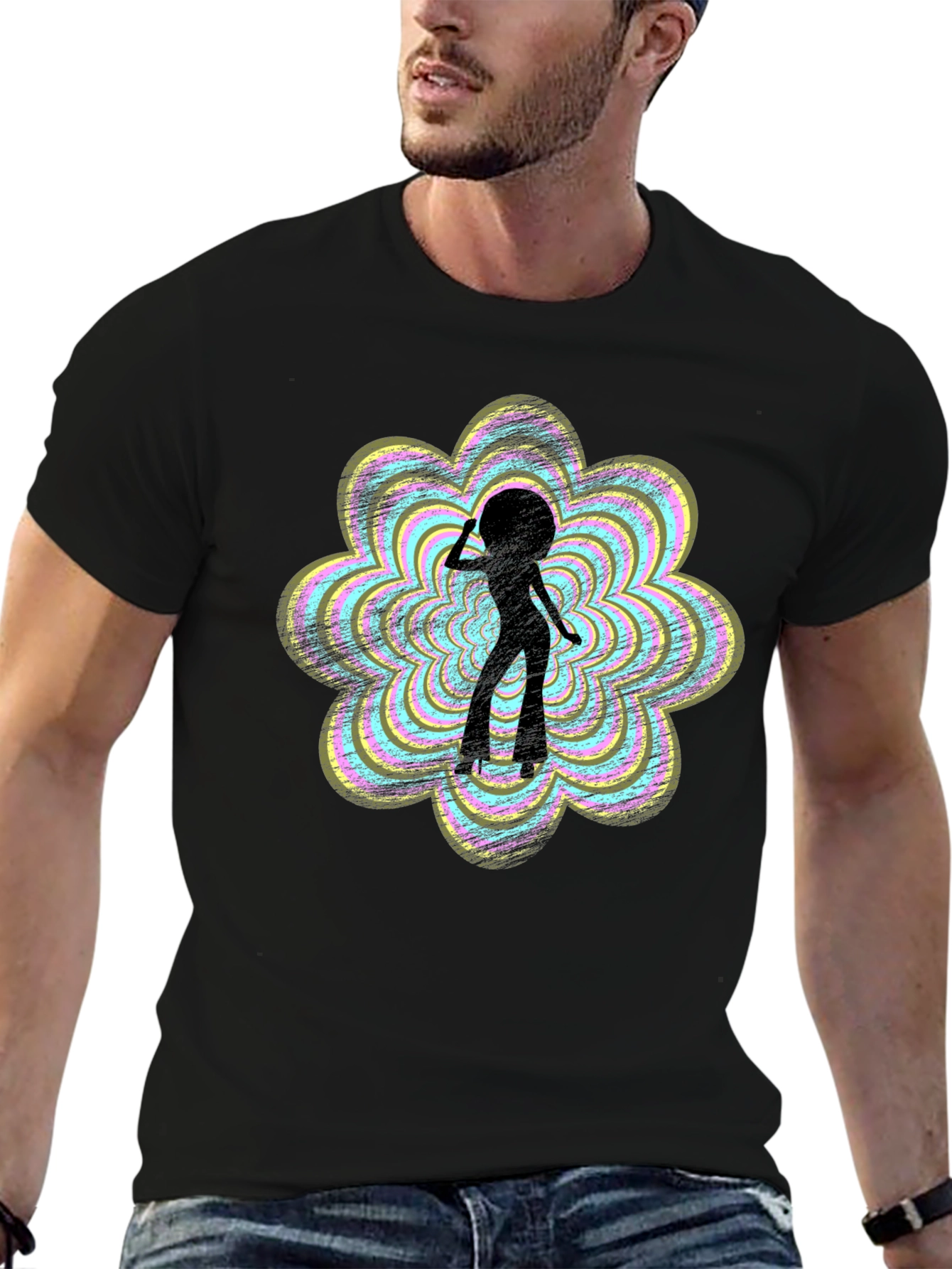 Retro Disco Girl Graphic Tee - Black Cotton T-Shirt
