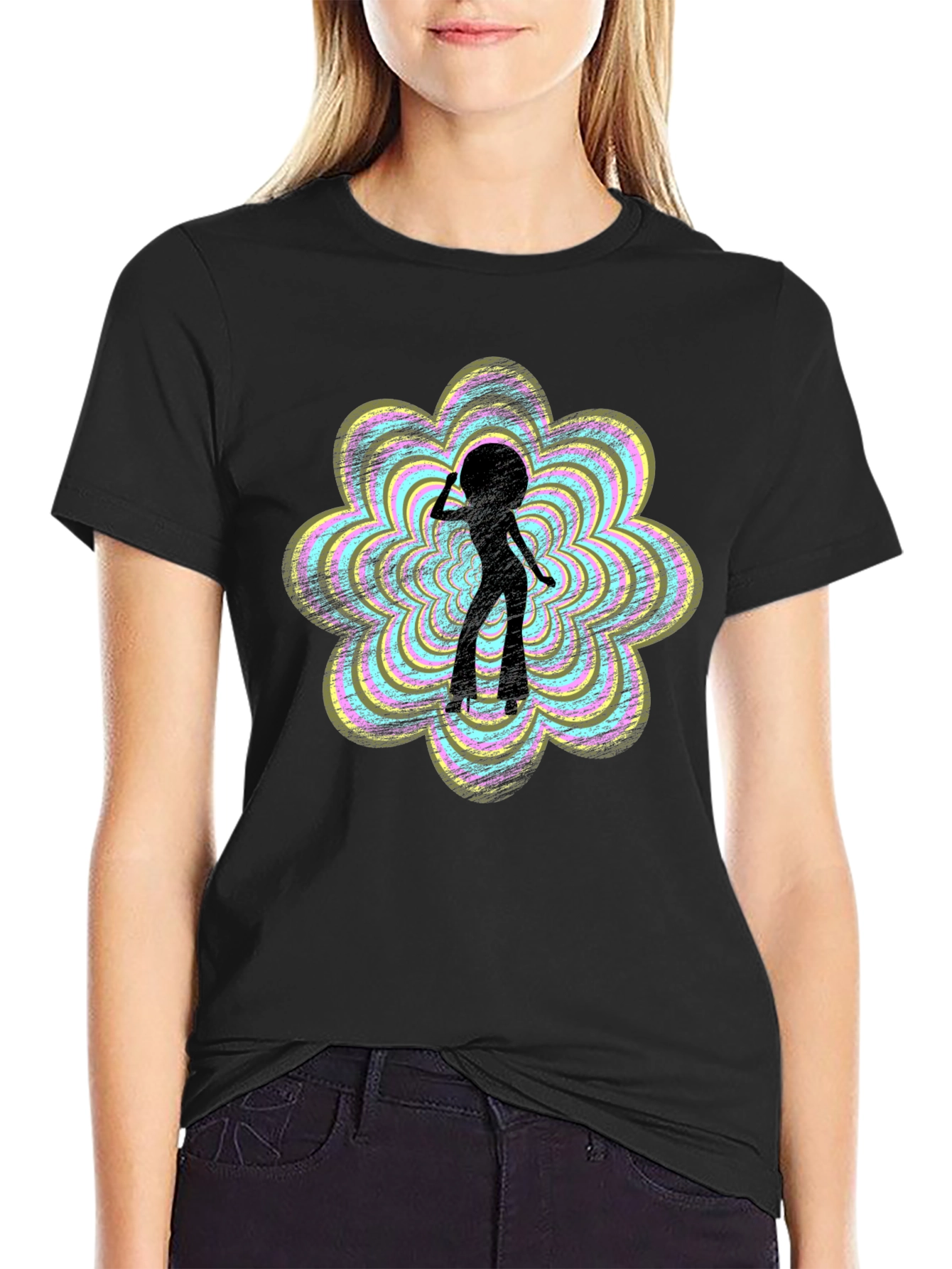 Retro Disco Girl Graphic Tee - Black Cotton T-Shirt