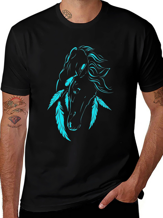 Black T-Shirt with Turquoise Horse and Feathers Graphic