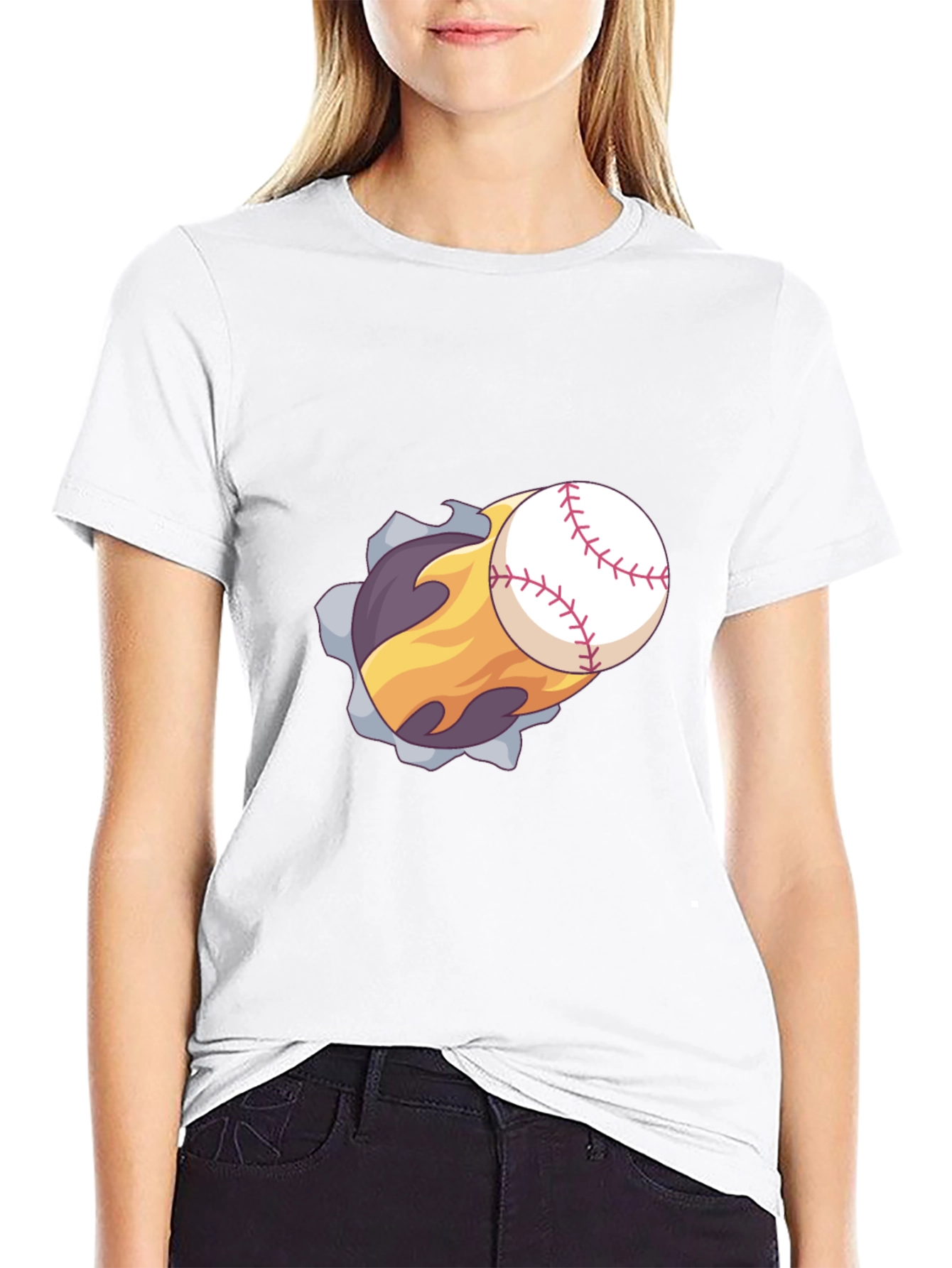 Flaming Baseball Graphic T-Shirt - Black