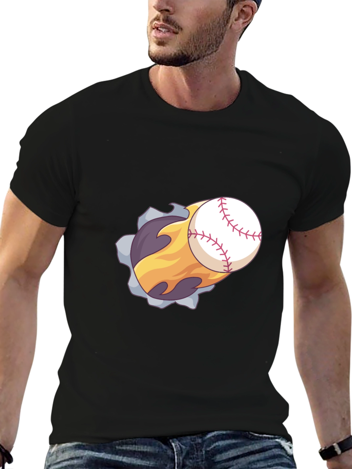 Flaming Baseball Graphic T-Shirt - Black