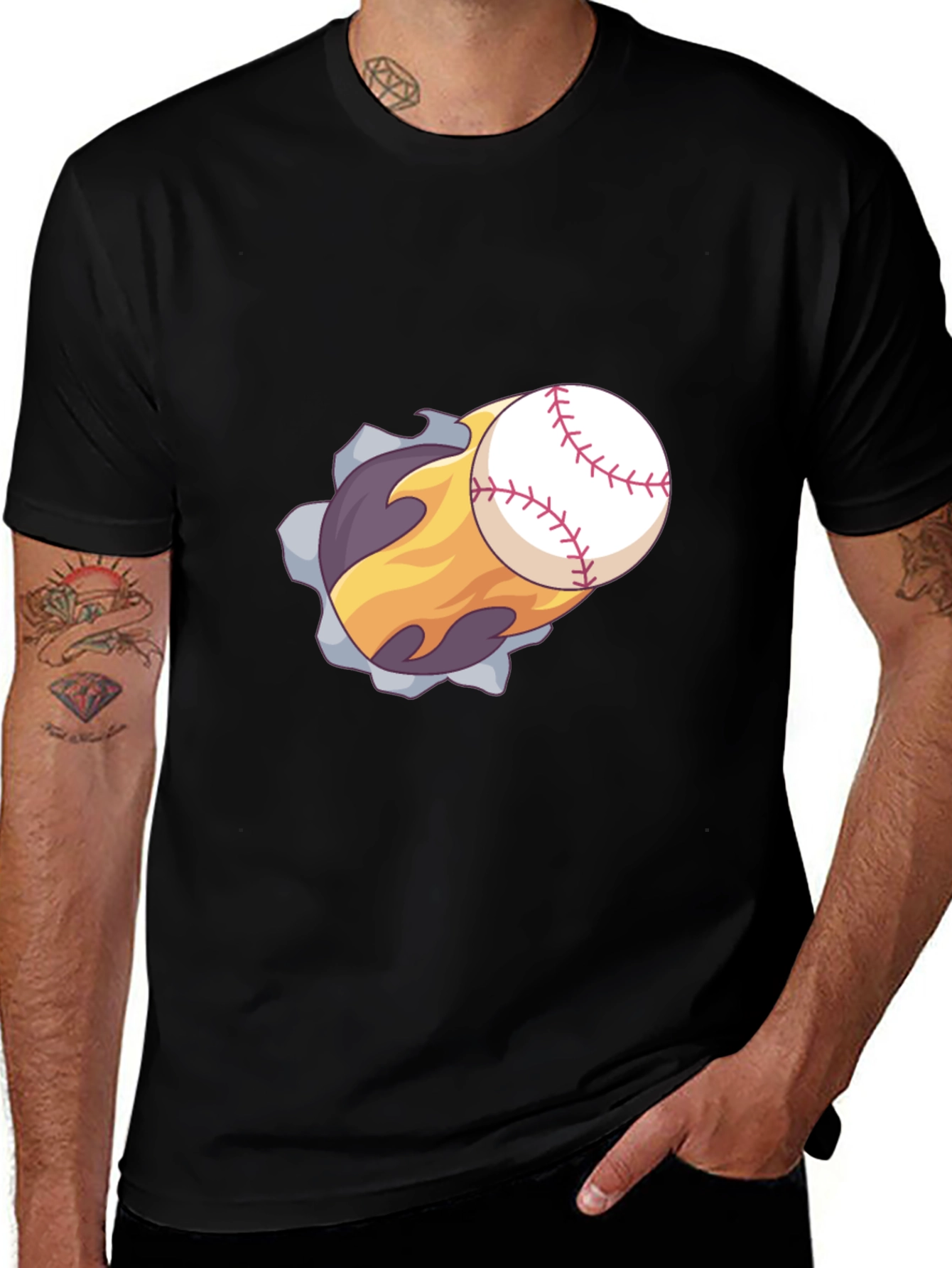 Flaming Baseball Graphic T-Shirt - Black