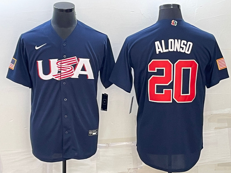 Men's 2023 World Baseball Classic #20 Pete Alonso USA Navy Jerseys