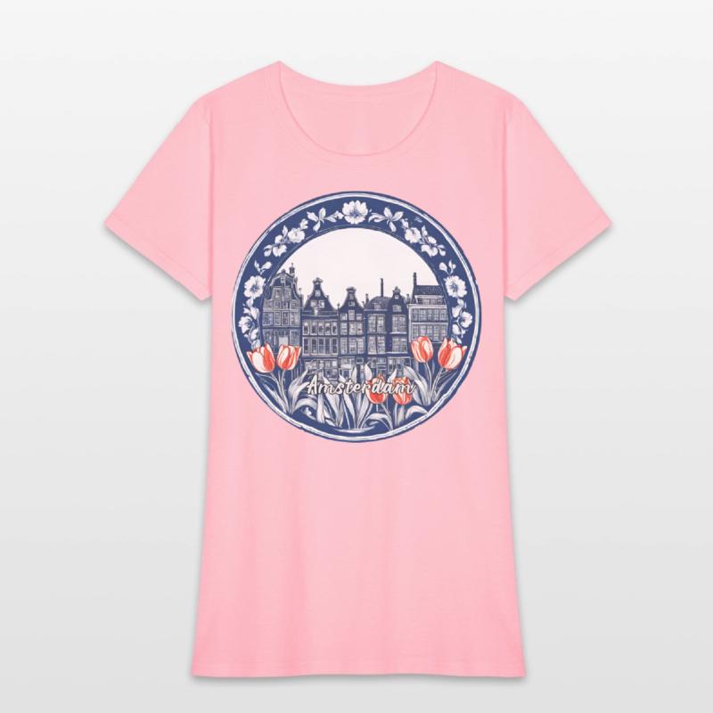 Amsterdam Houses Red Tulips Dutch Blue