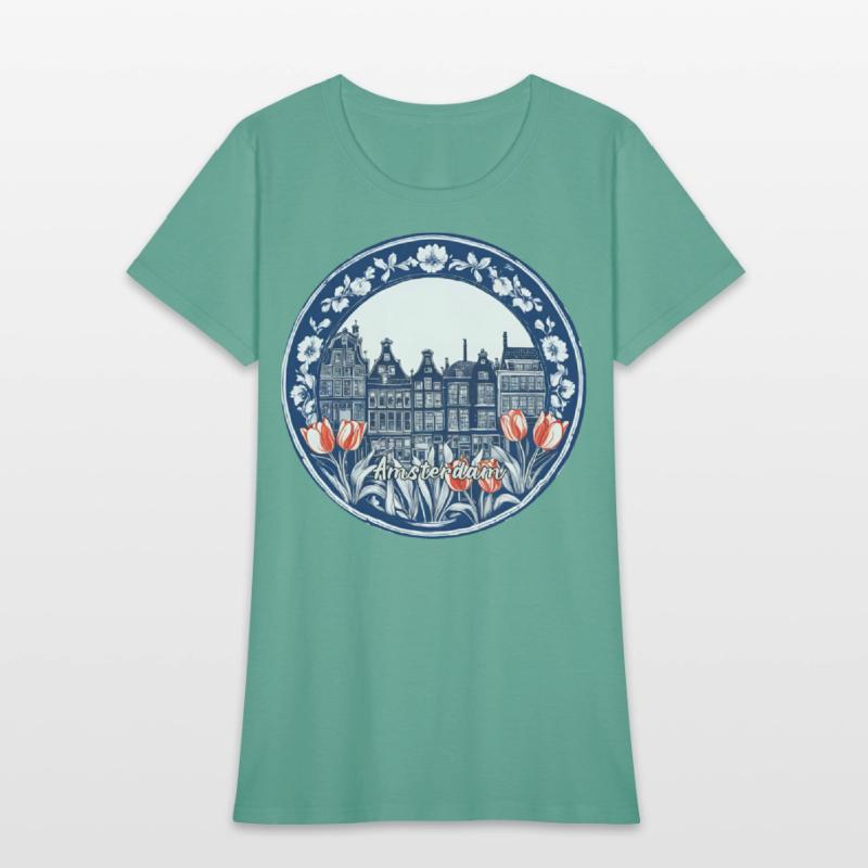 Amsterdam Houses Red Tulips Dutch Blue