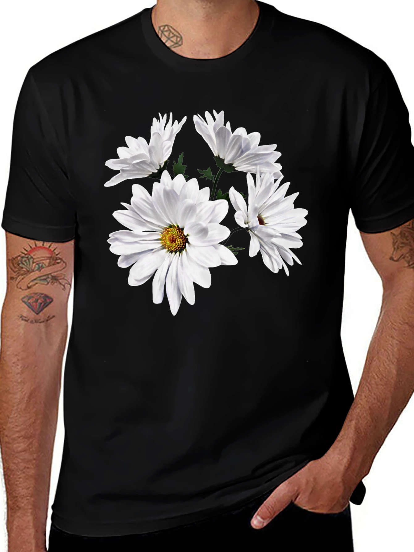 Daisy Flower Graphic Tee - Black Cotton T-Shirt