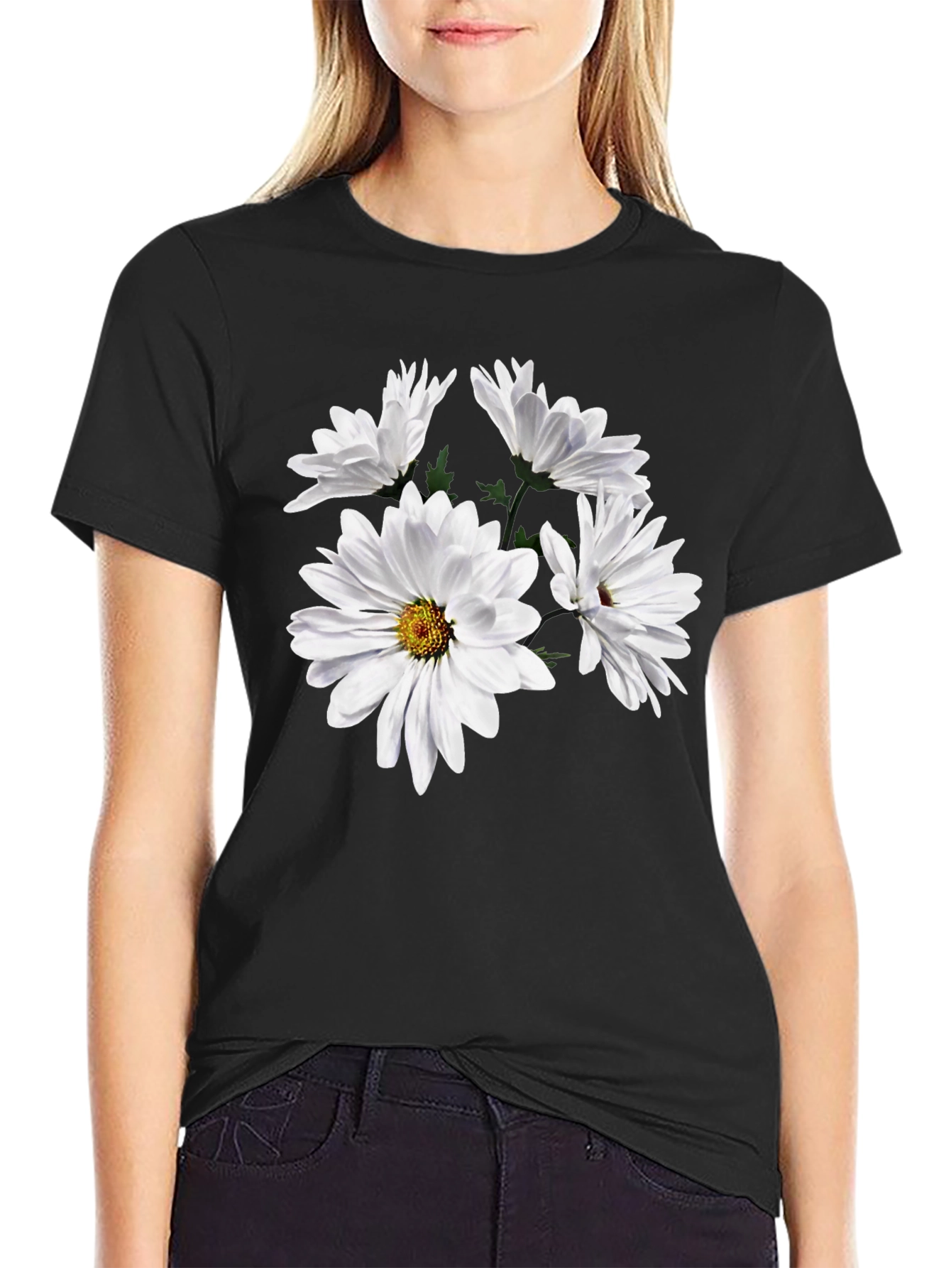 Daisy Flower Graphic Tee - Black Cotton T-Shirt