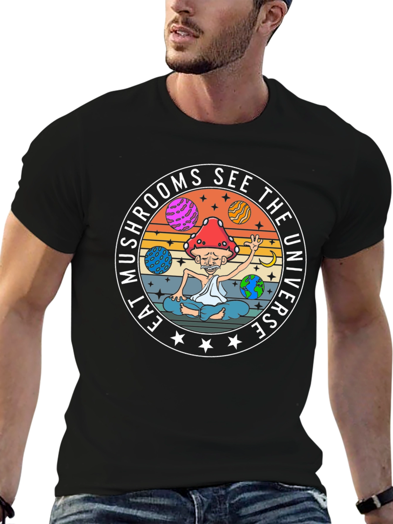 Eat Mushrooms See The Universe Black T-Shirt