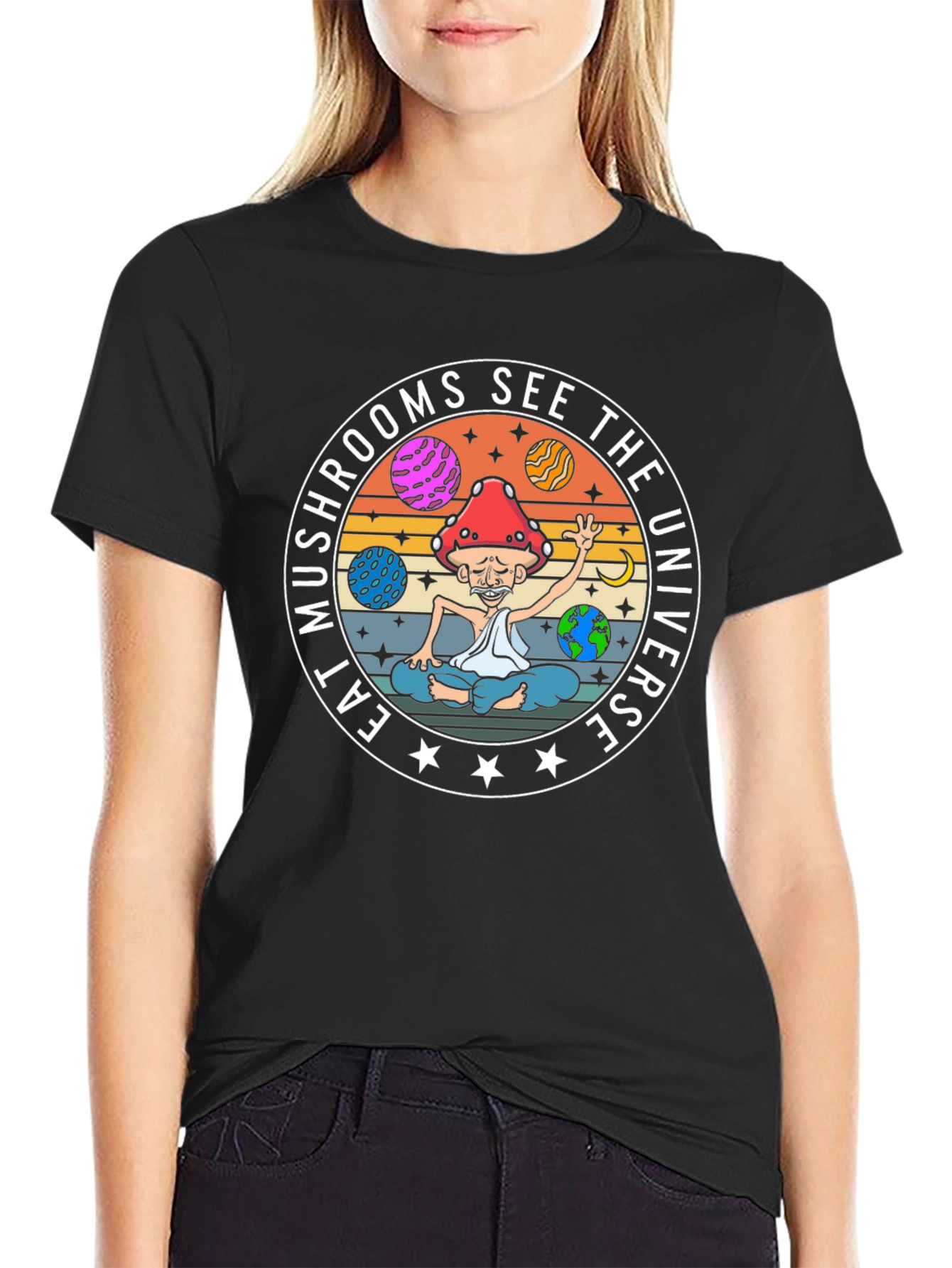 Eat Mushrooms See The Universe Black T-Shirt