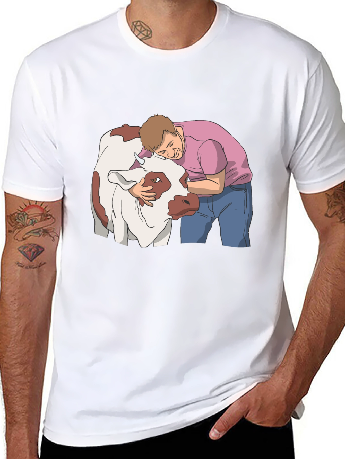 Man Hugging Cow Graphic Tee - Black Cotton T-Shirt