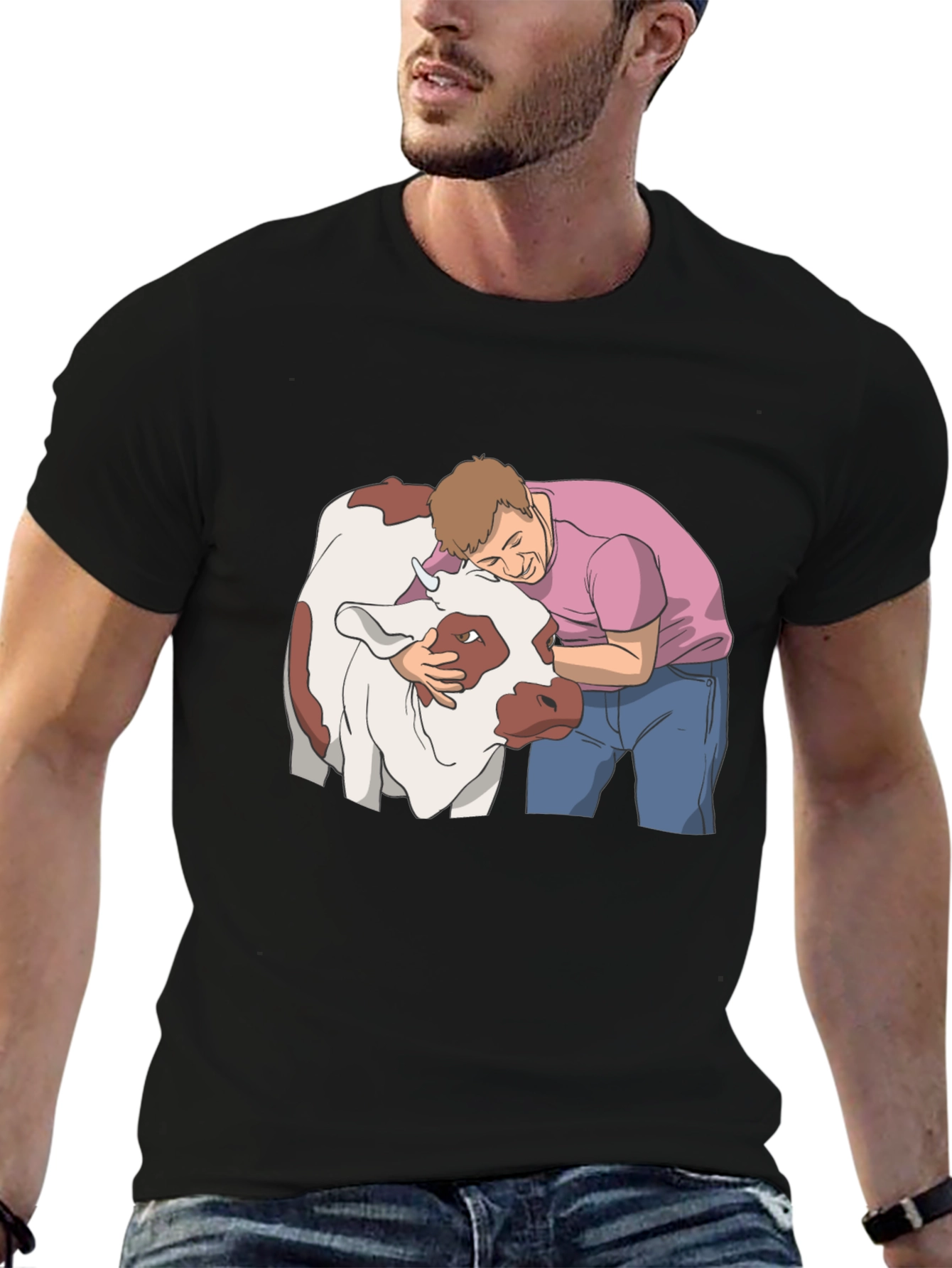 Man Hugging Cow Graphic Tee - Black Cotton T-Shirt