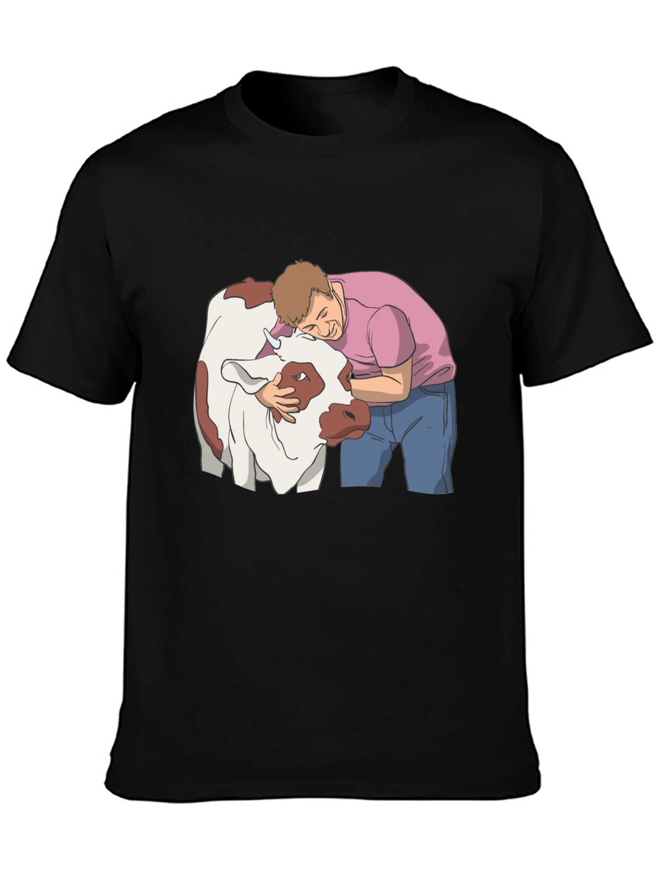 Man Hugging Cow Graphic Tee - Black Cotton T-Shirt