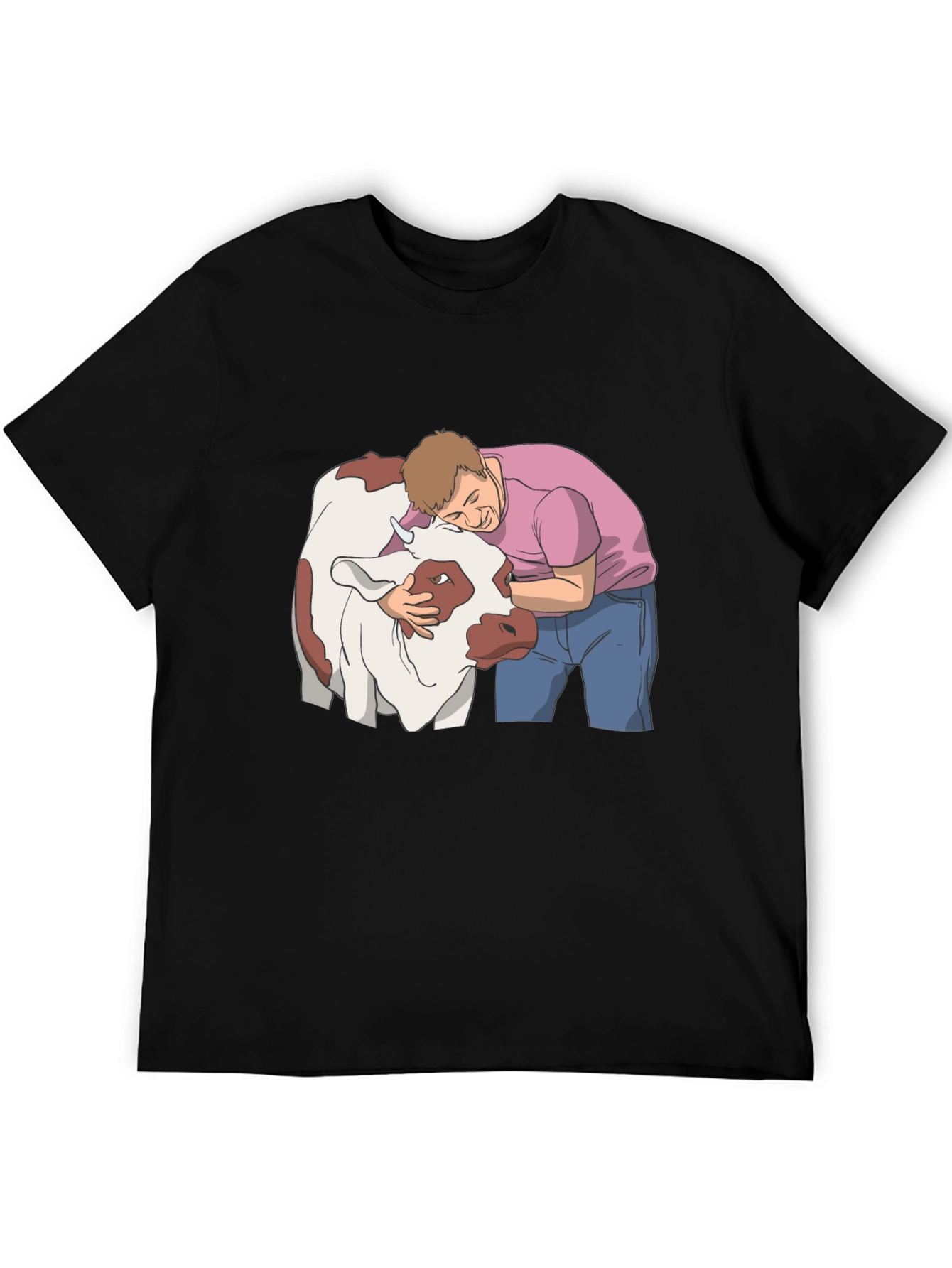 Man Hugging Cow Graphic Tee - Black Cotton T-Shirt