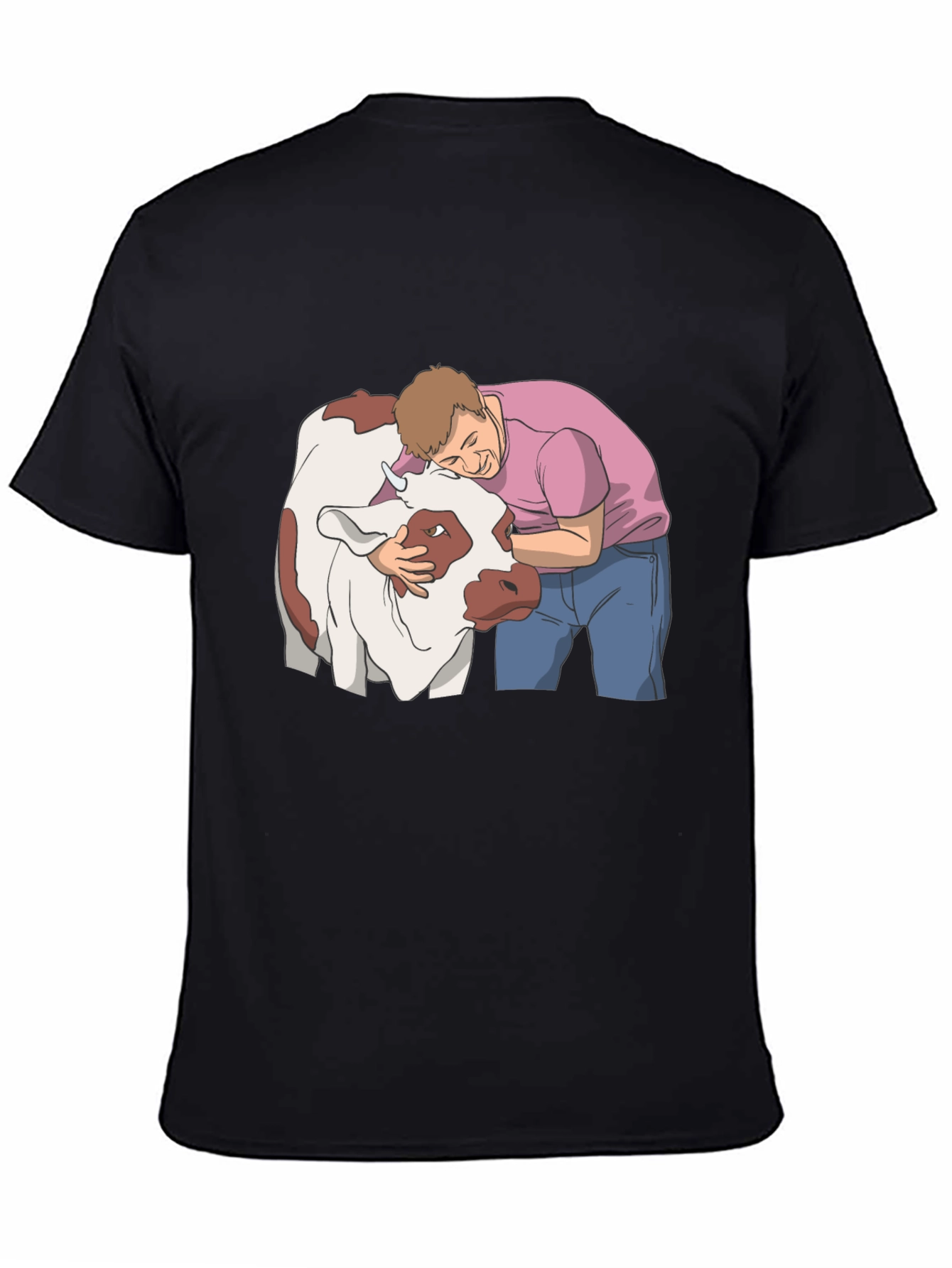 Man Hugging Cow Graphic Tee - Black Cotton T-Shirt