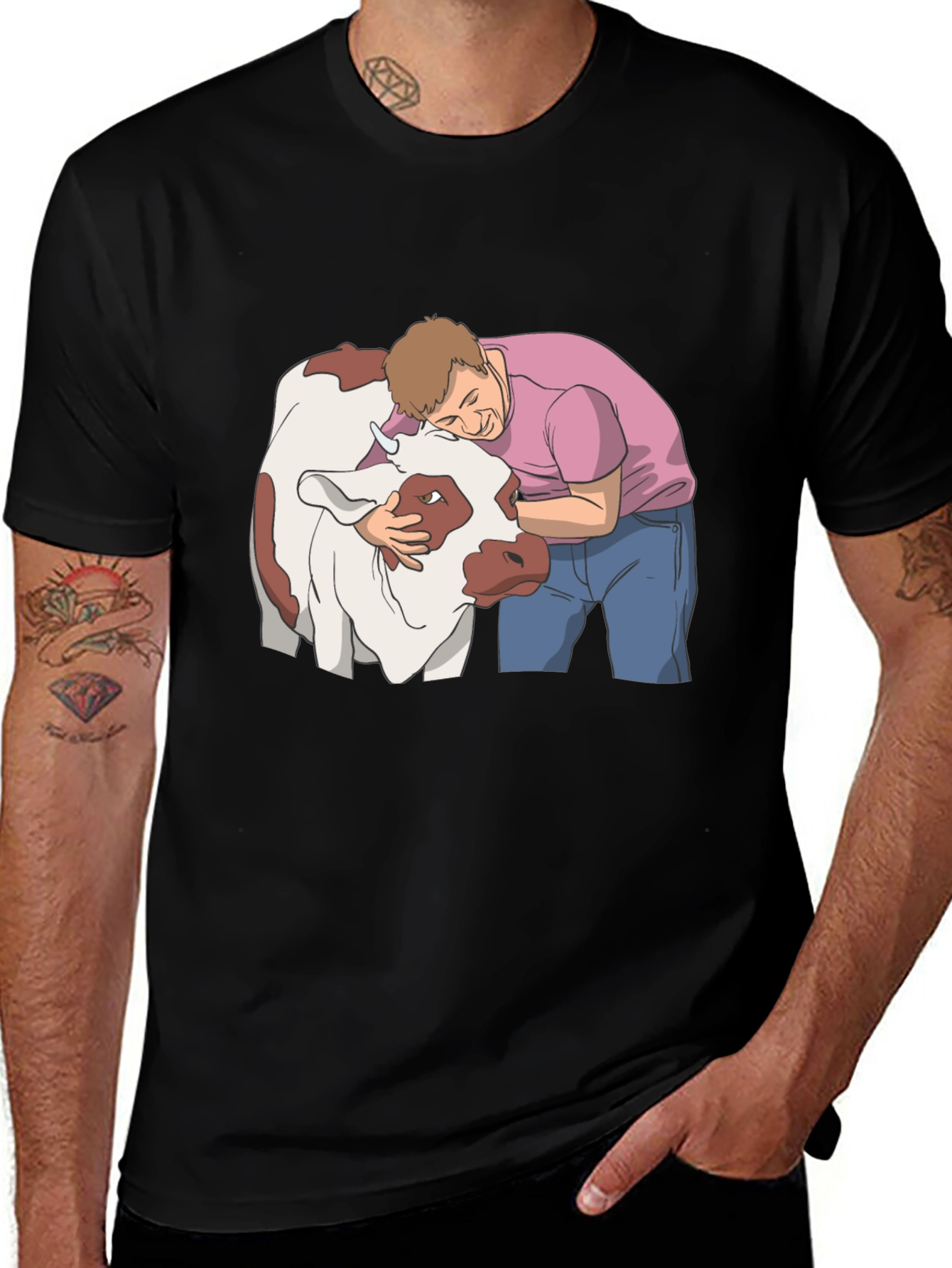 Man Hugging Cow Graphic Tee - Black Cotton T-Shirt