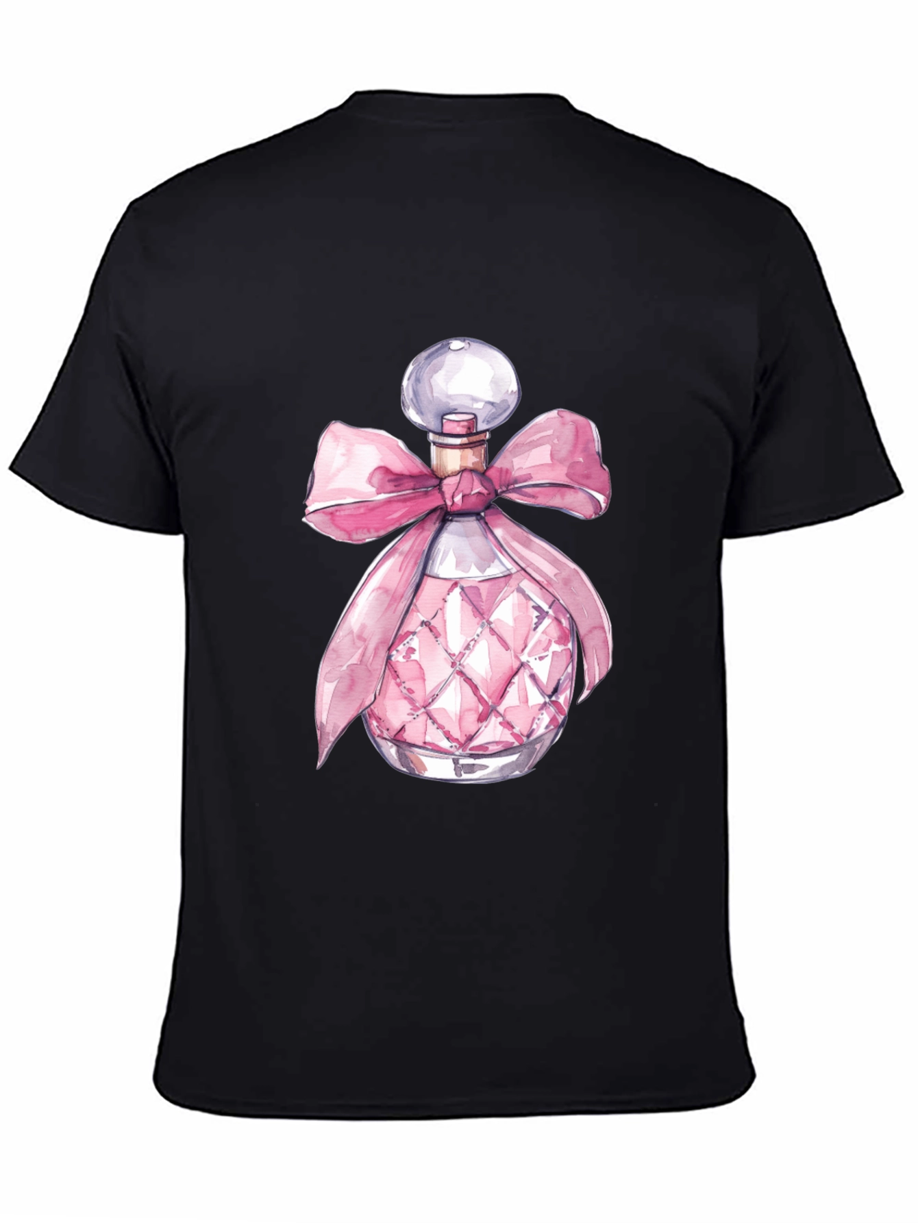 Stylish Black Tee with Pink Perfume Bottle Design