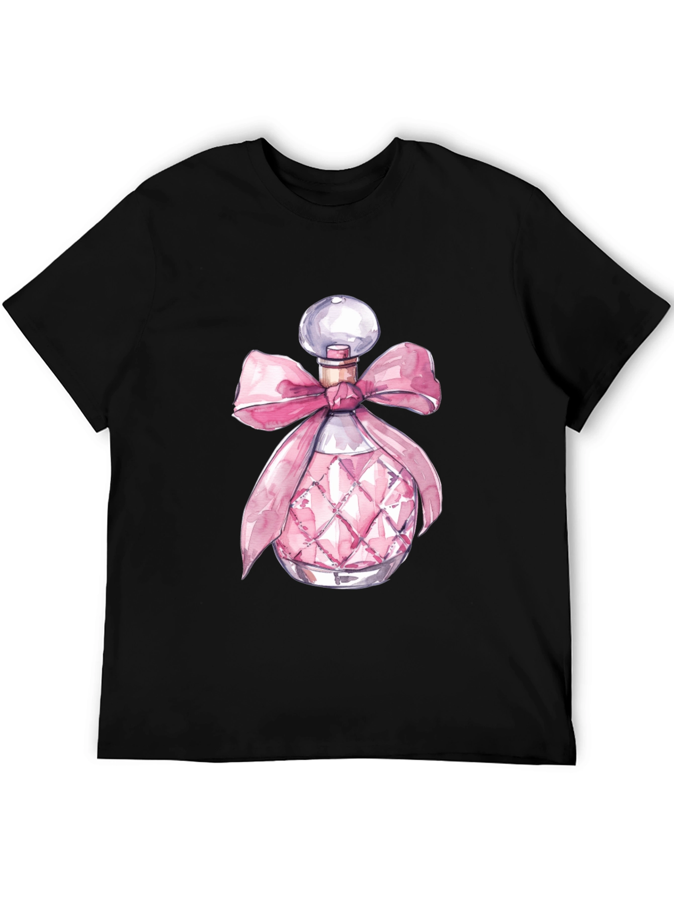 Stylish Black Tee with Pink Perfume Bottle Design