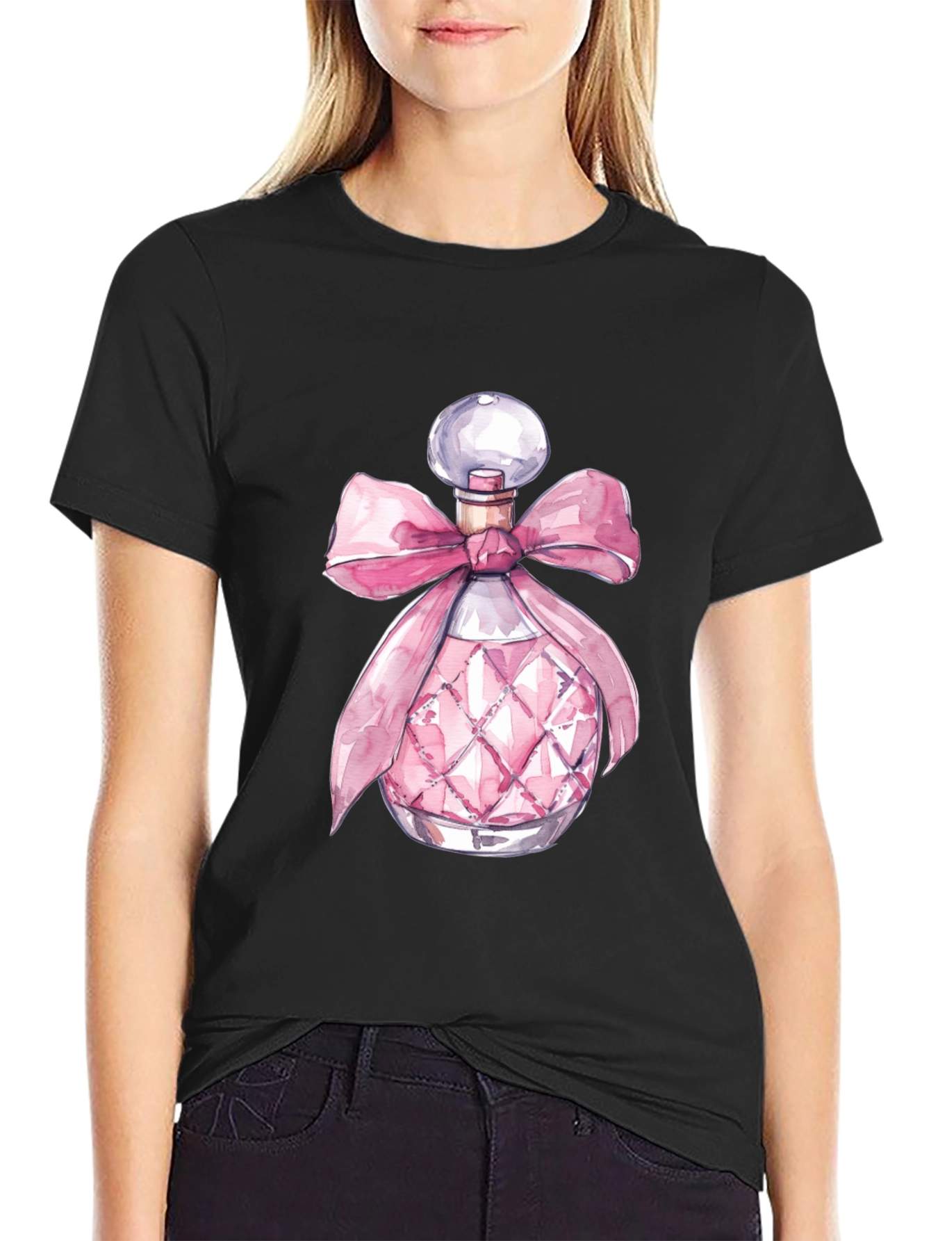 Stylish Black Tee with Pink Perfume Bottle Design
