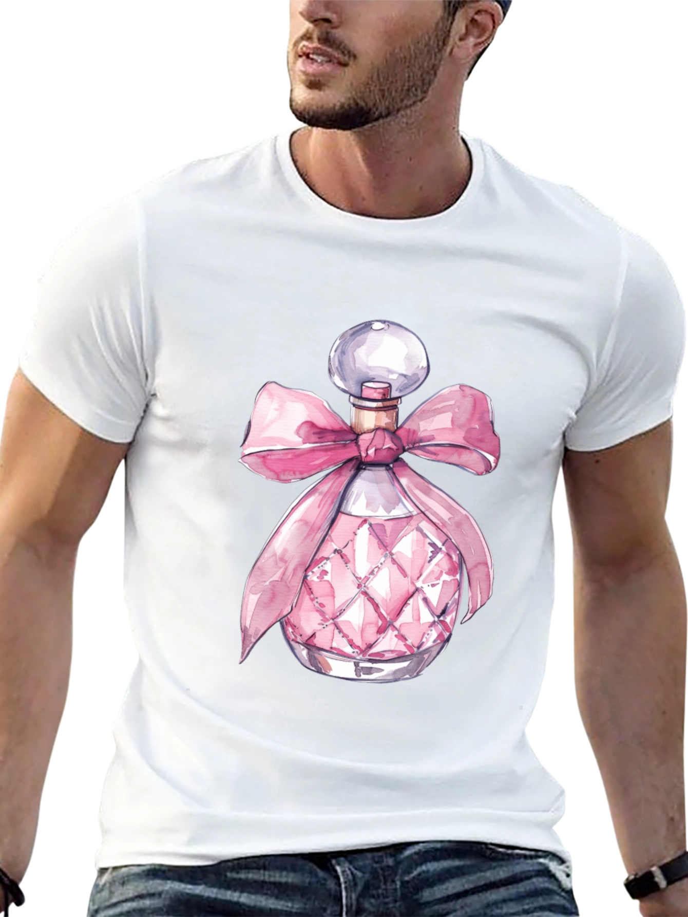 Stylish Black Tee with Pink Perfume Bottle Design