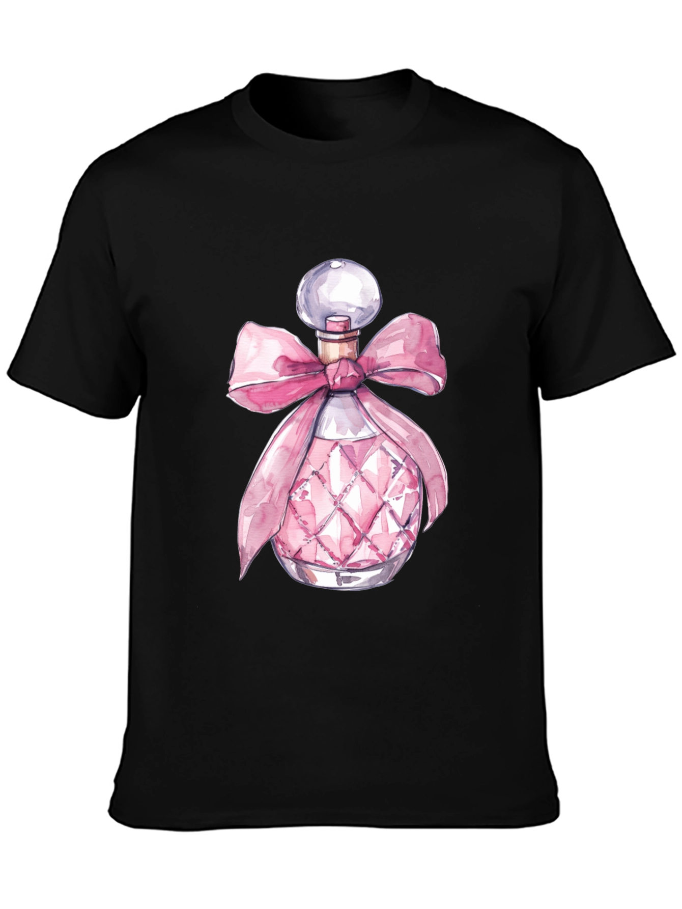 Stylish Black Tee with Pink Perfume Bottle Design