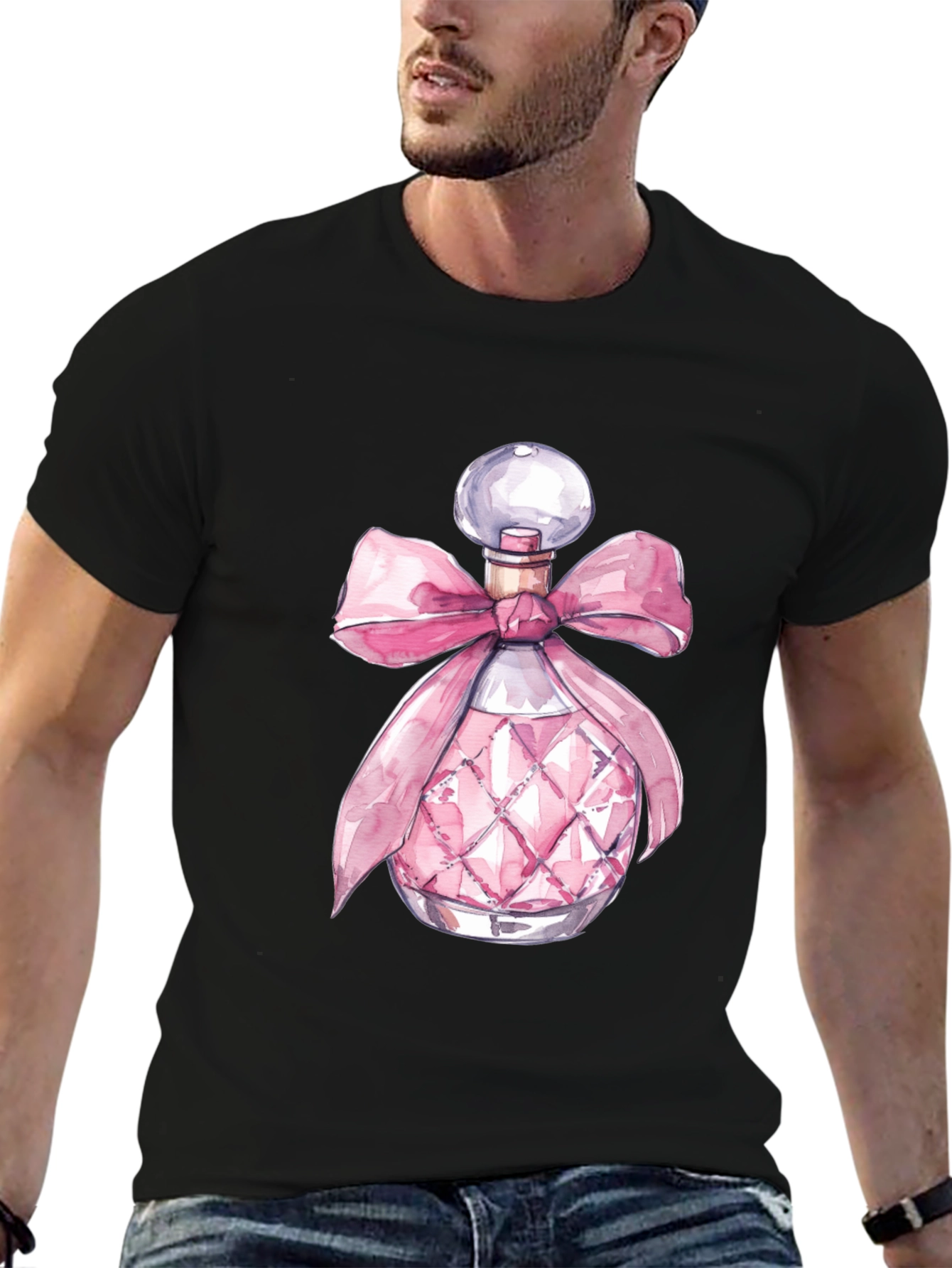 Stylish Black Tee with Pink Perfume Bottle Design