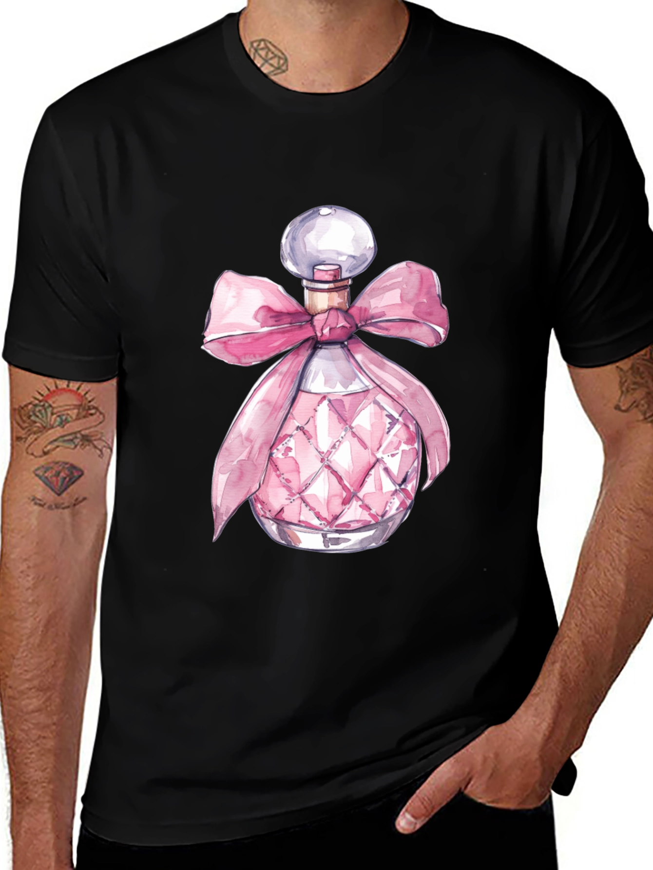 Stylish Black Tee with Pink Perfume Bottle Design