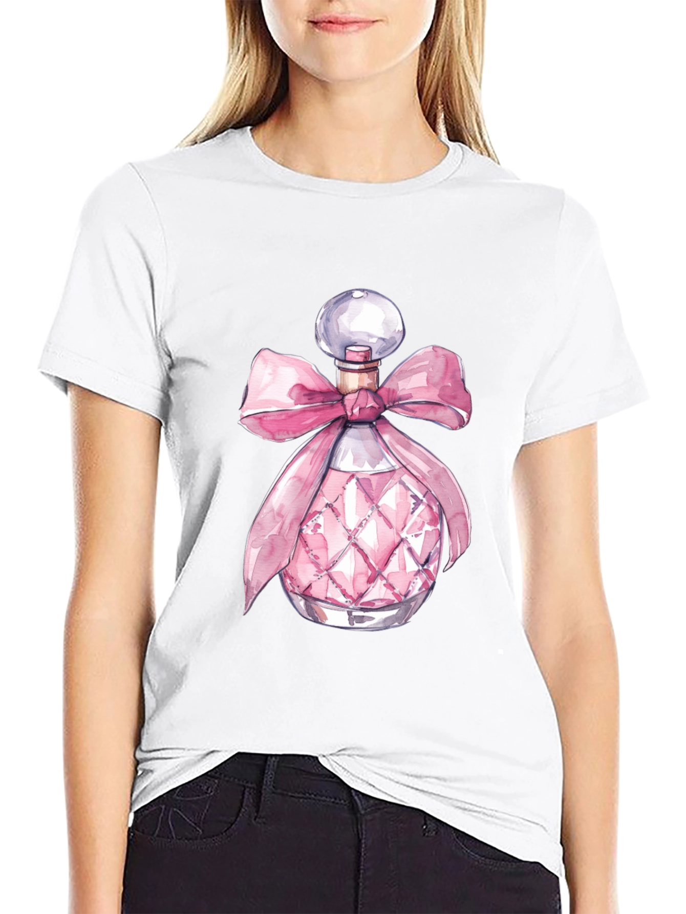 Stylish Black Tee with Pink Perfume Bottle Design