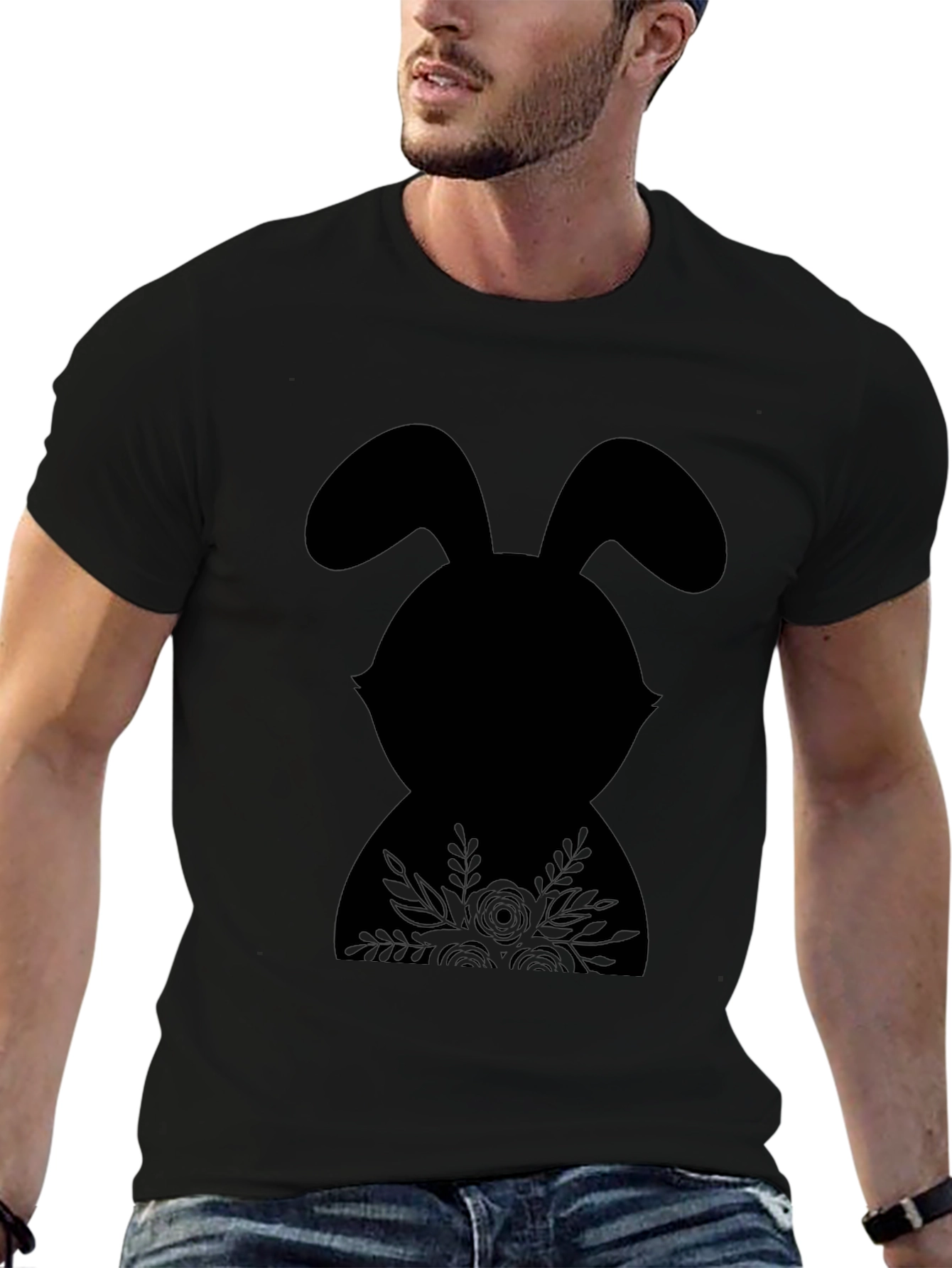 Floral Easter Bunny Black T-Shirt