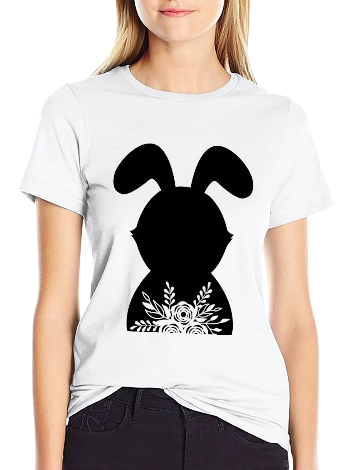 Floral Easter Bunny Black T-Shirt