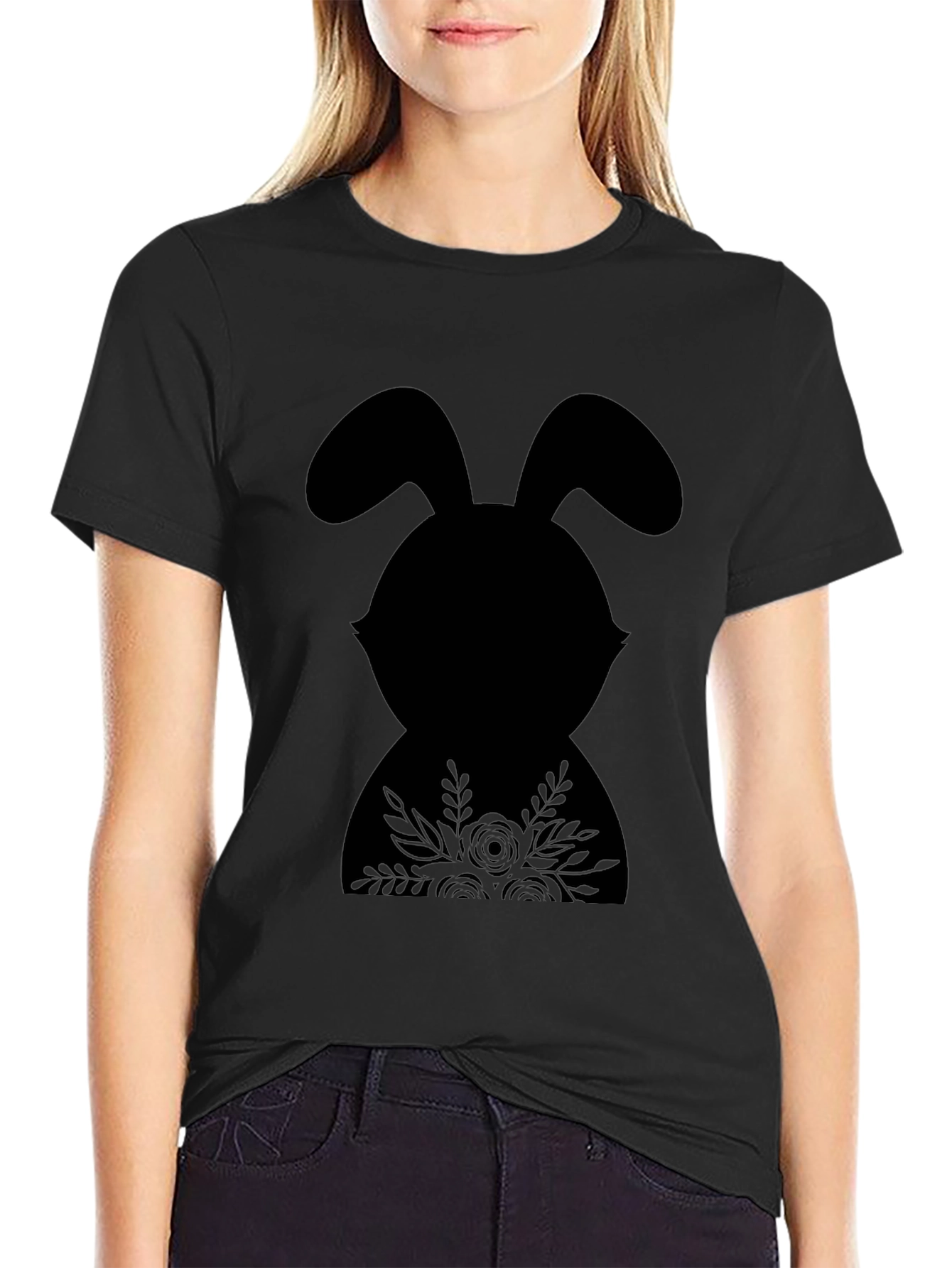 Floral Easter Bunny Black T-Shirt