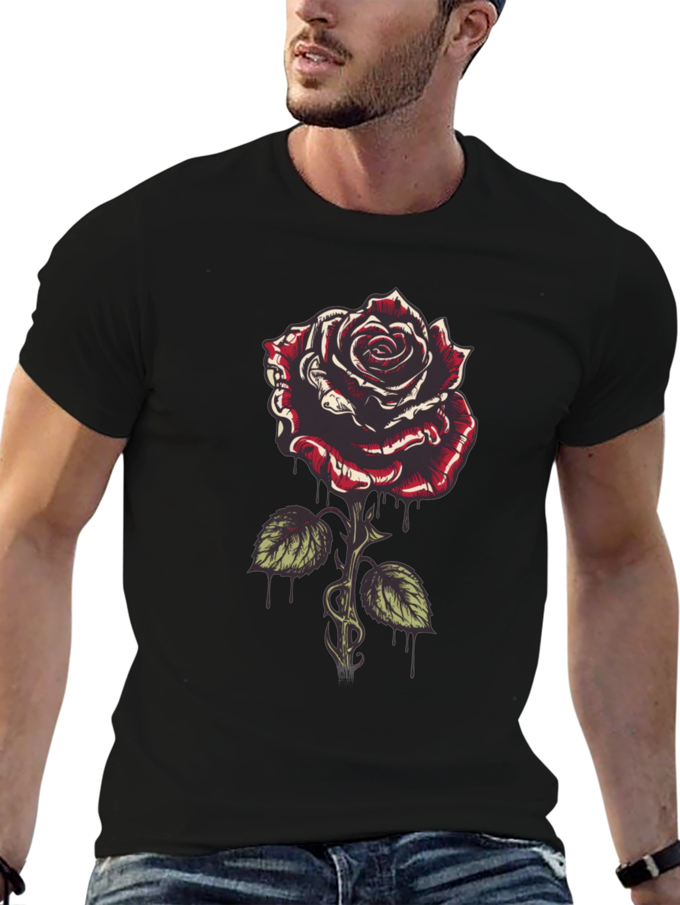 Rose Graphic Tee - Mens Black Cotton T-Shirt