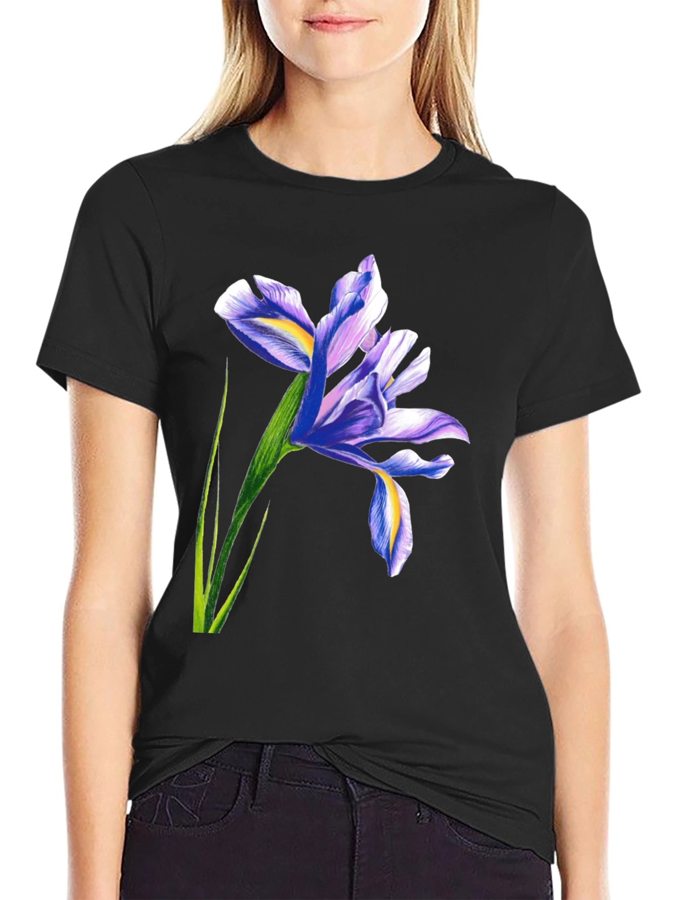 Iris Flower Graphic Black T-Shirt