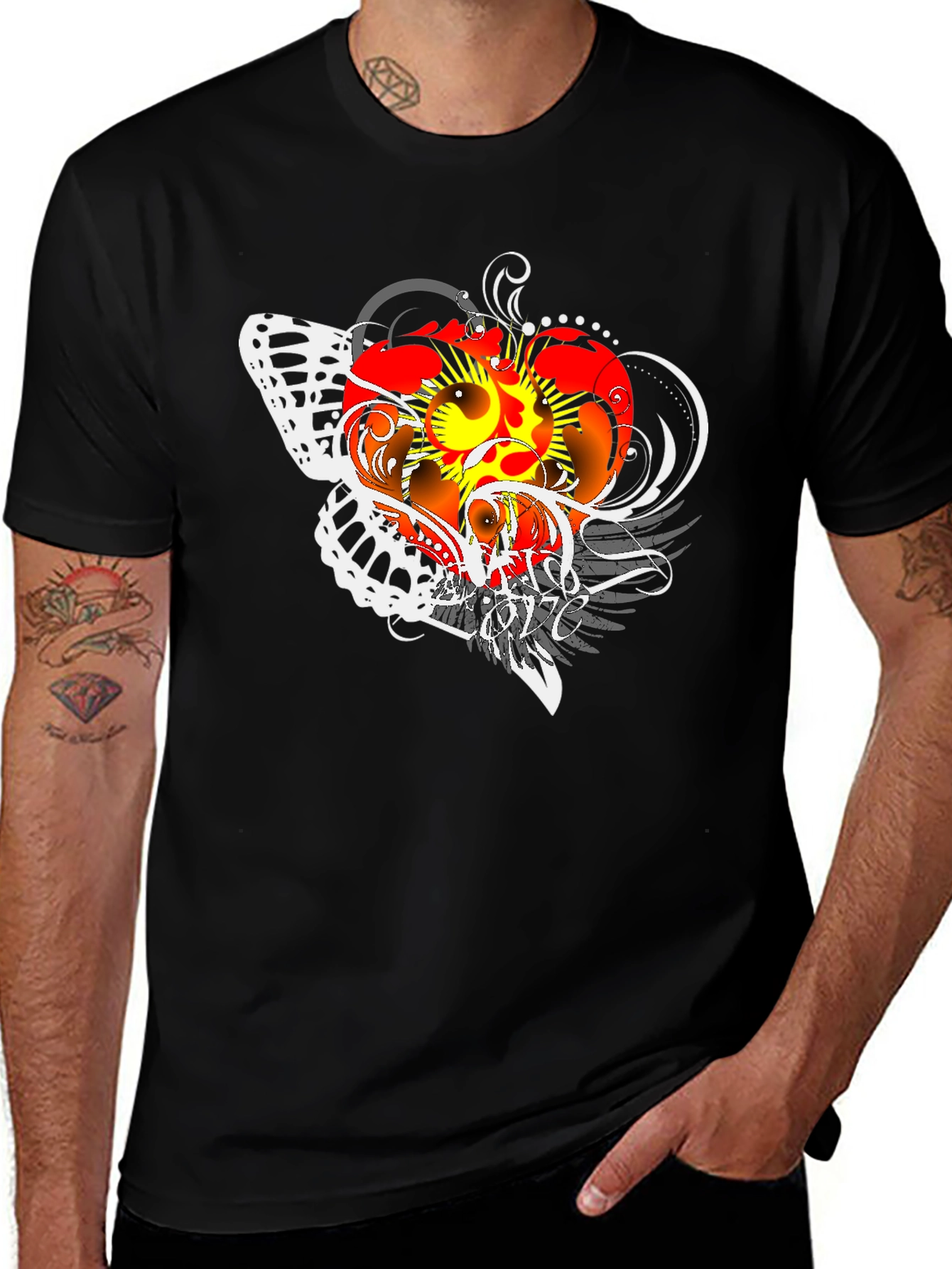 Graphic Print Black T-Shirt with Butterfly Design