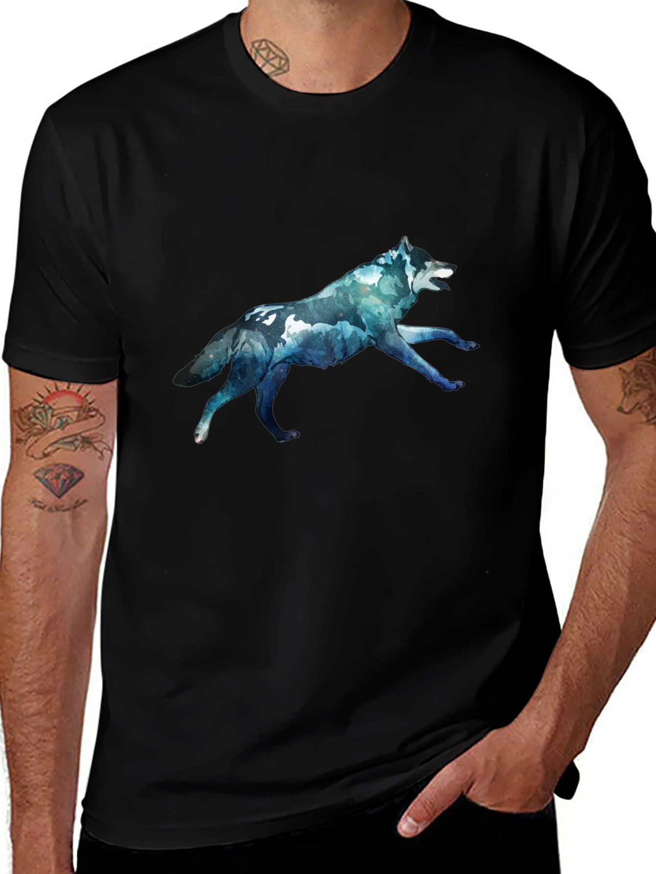 Mens Black T-Shirt with Wolf Graphic