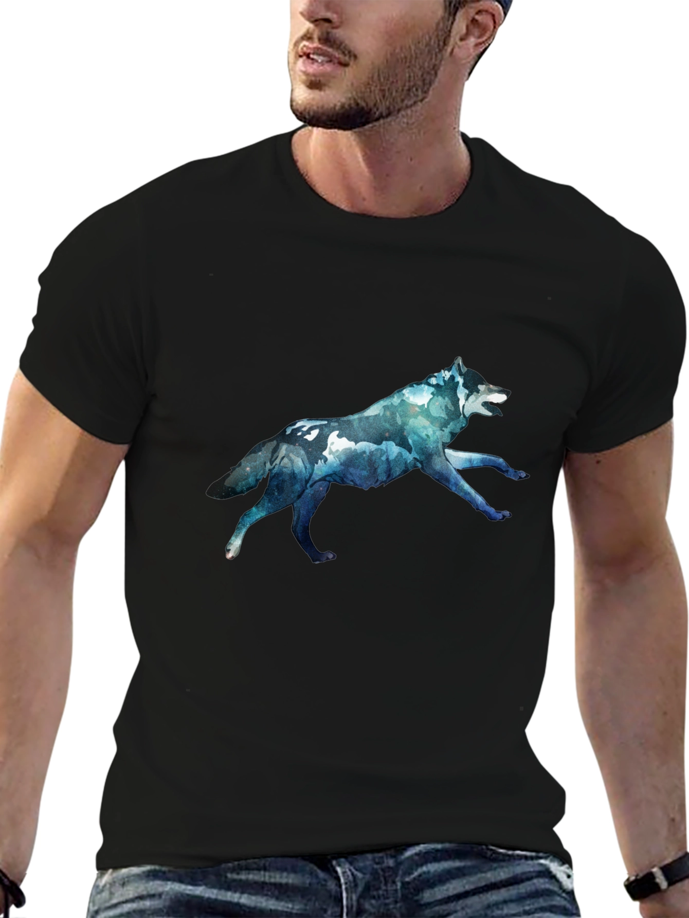 Mens Black T-Shirt with Wolf Graphic