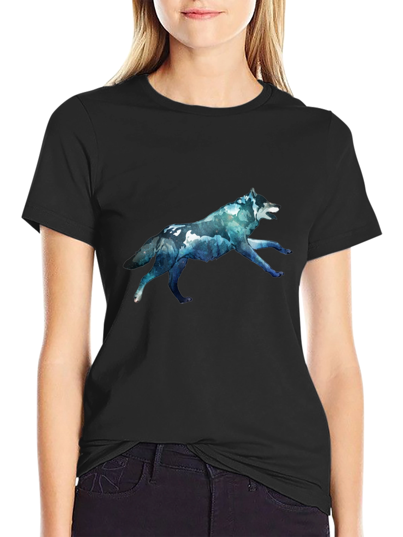Mens Black T-Shirt with Wolf Graphic