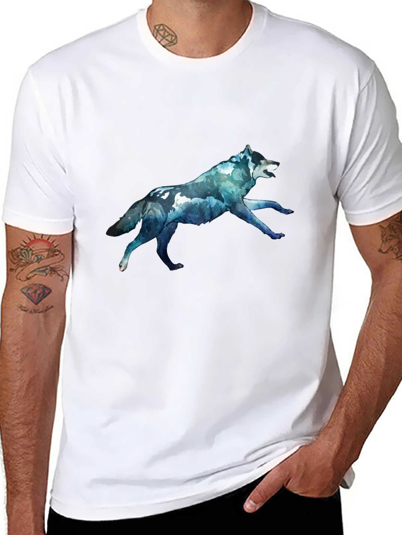 Mens Black T-Shirt with Wolf Graphic