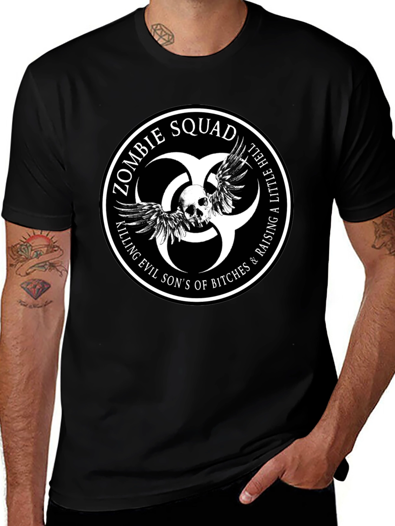 Zombie Squad Graphic Tee - Skull & Wings Design