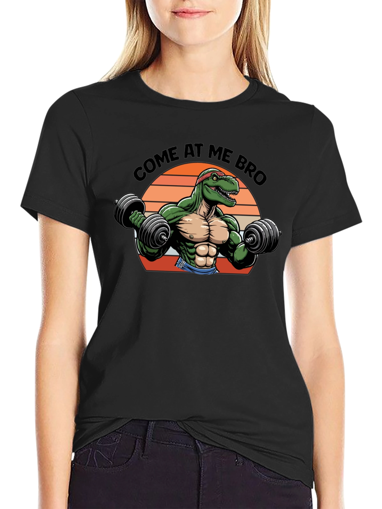 Come At Me Bro T-Rex Lifting Weights Black T-Shirt