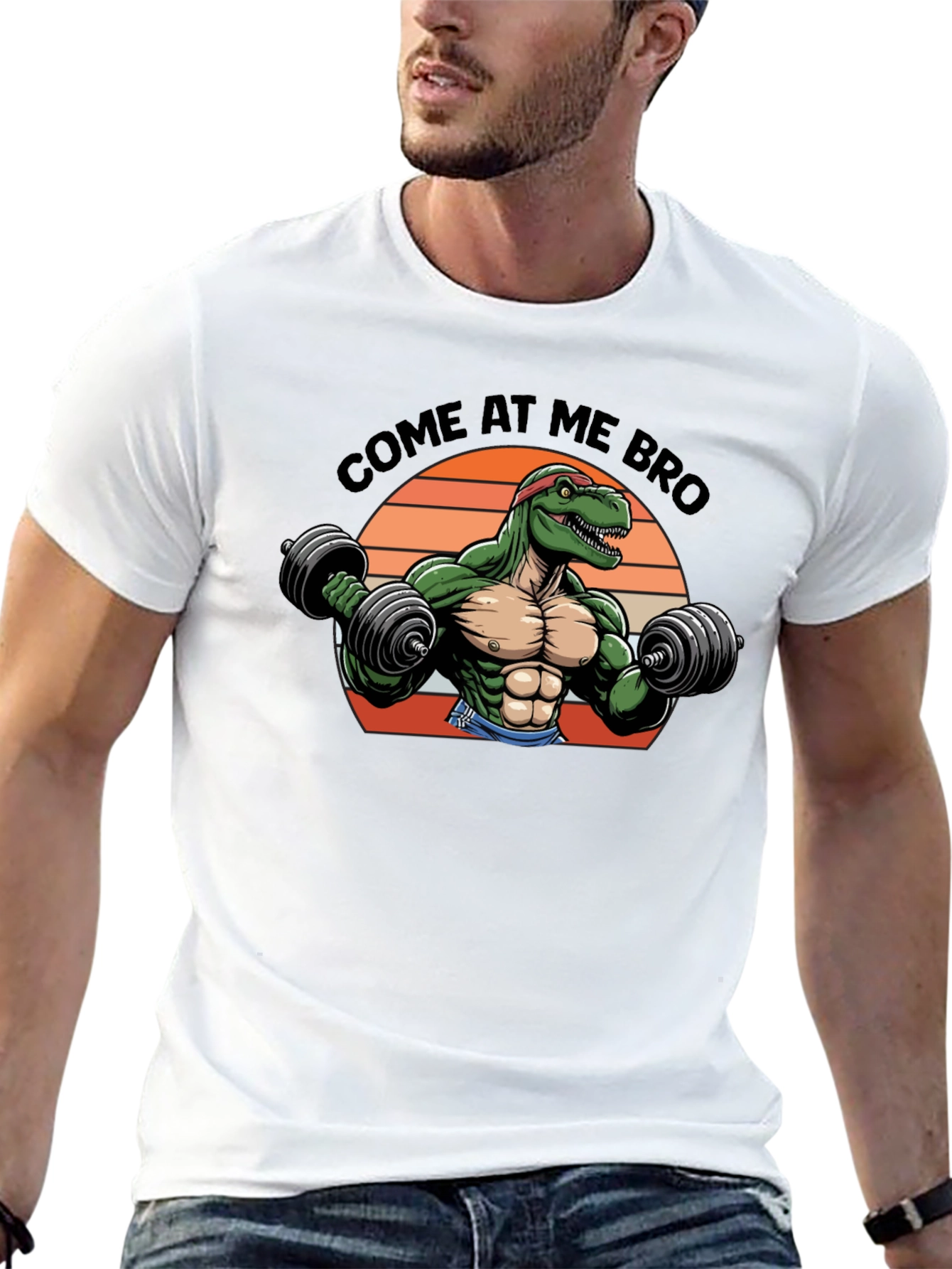 Come At Me Bro T-Rex Lifting Weights Black T-Shirt