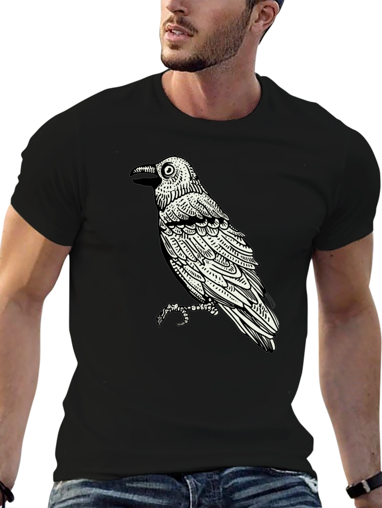 Raven Graphic Tee - Black Cotton Bird Print Shirt