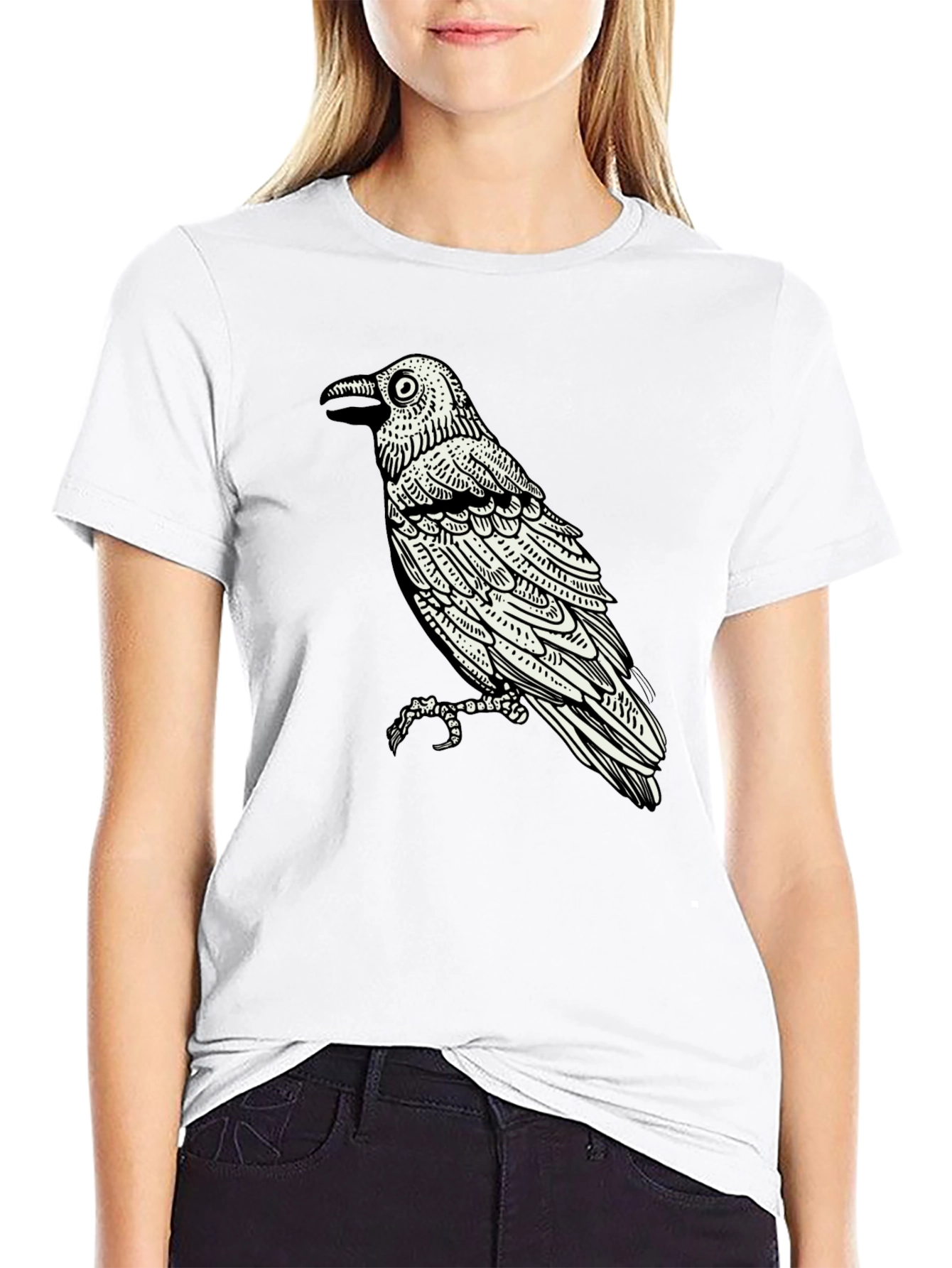 Raven Graphic Tee - Black Cotton Bird Print Shirt