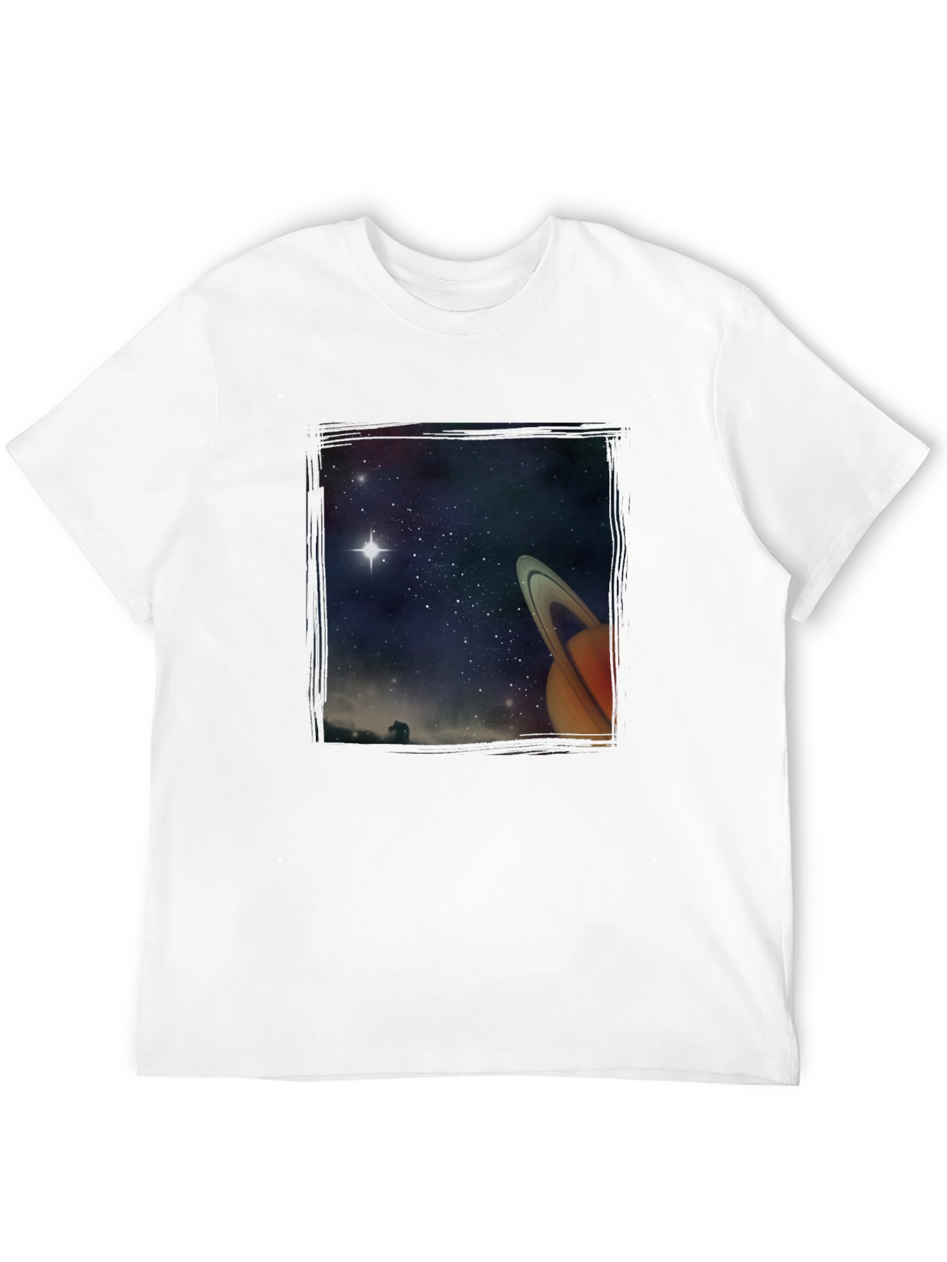 Space Saturn Graphic Print Black T-Shirt