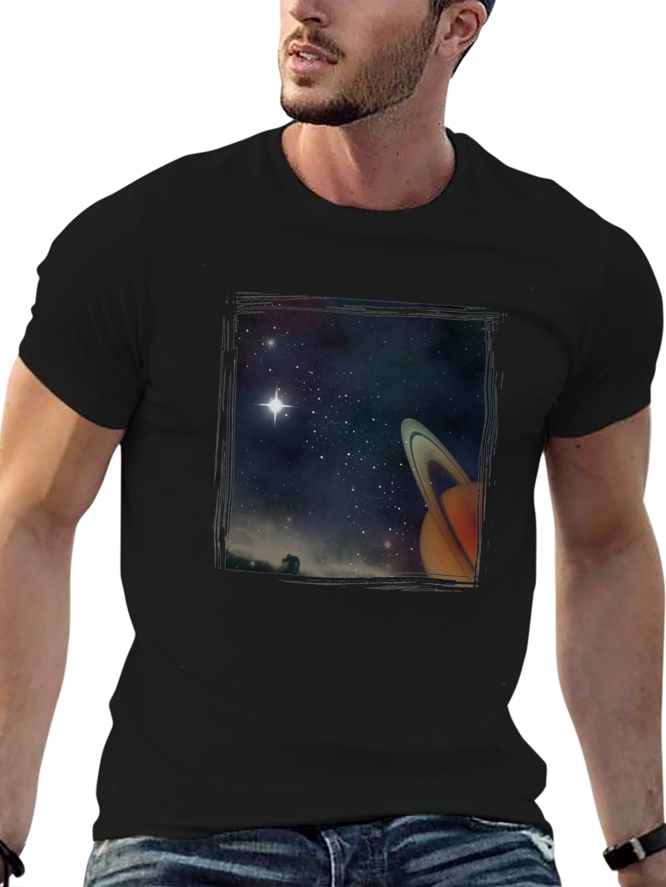 Space Saturn Graphic Print Black T-Shirt